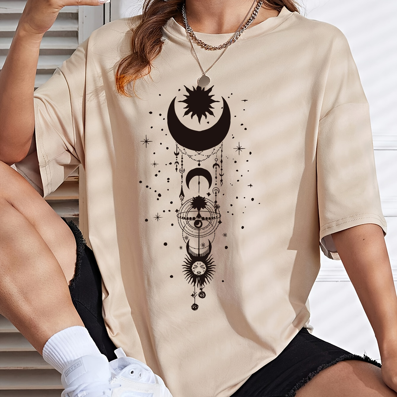 

Print Drop Shoulder T-shirt, Short Sleeve Crew Neck Casual Top For , Women's Clothing