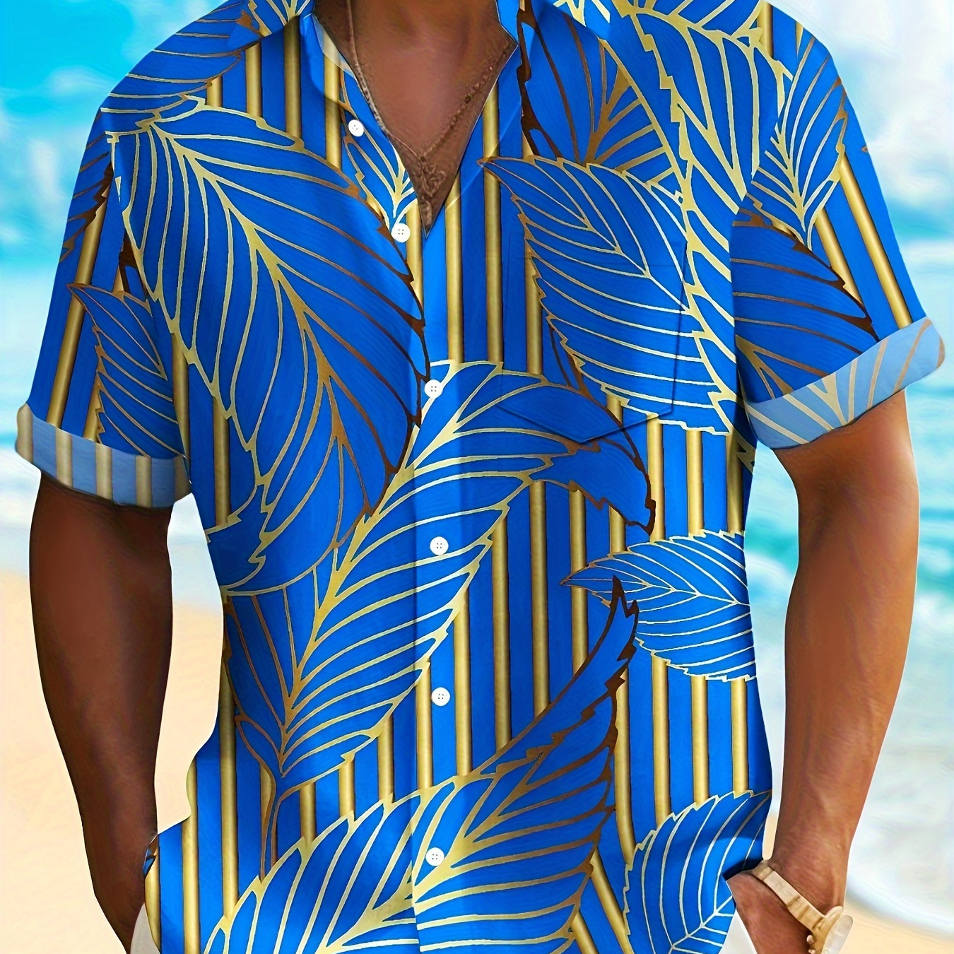 

Hawaiian Golden Leaf Print Men's Summer Fashionable And Simple Short Sleeve Button Casual Lapel Simple Shirt, Trendy And Versatile, Suitable For Dates, Beach Holiday
