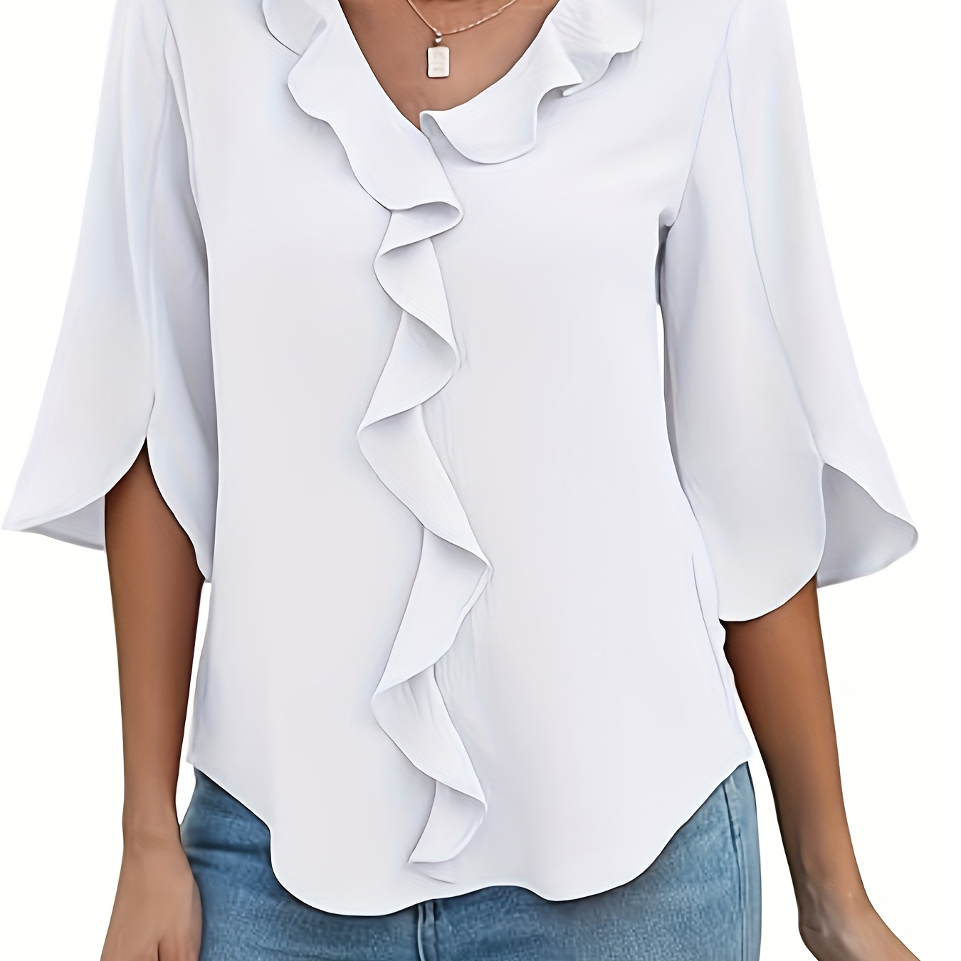 

1pc Elegant Women' Top - Polyester 100% Solid Color, Quarter Sleeve, Collarless, Woven Shirting Blouse For Spring/summer