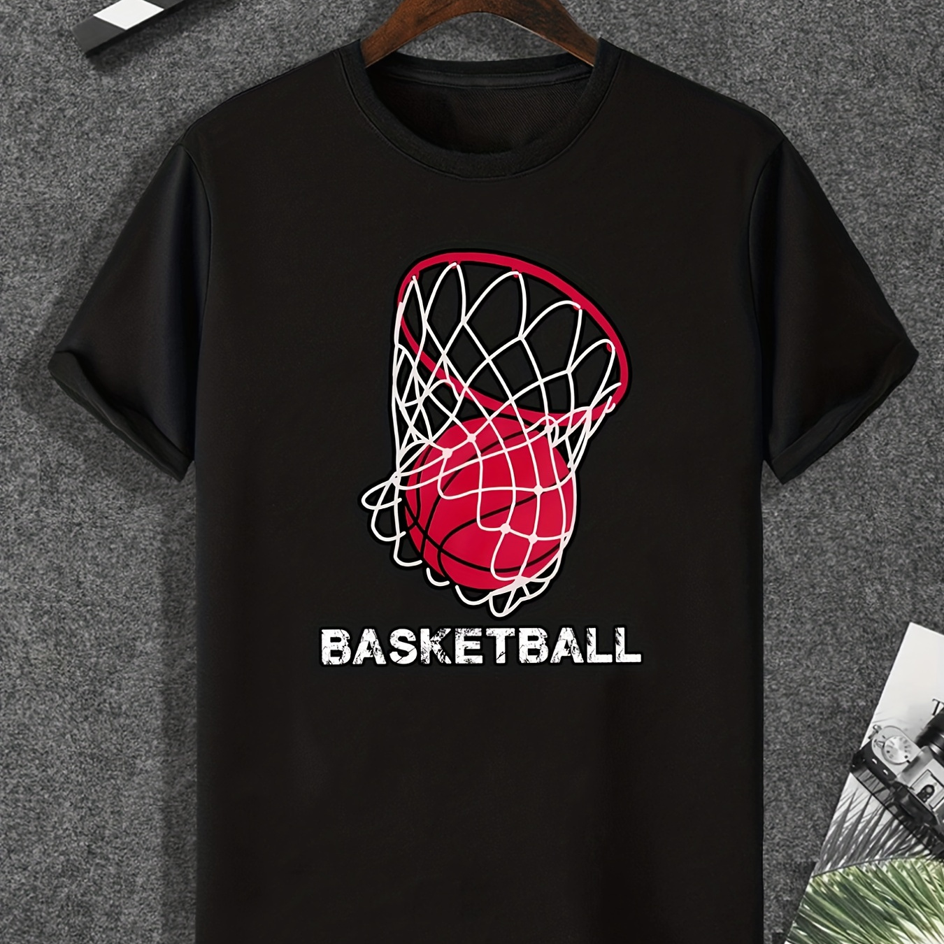

Basketball Pattern T-shirt, Men's Casual Street Style Stretch Round Neck Tee Shirt For Summer