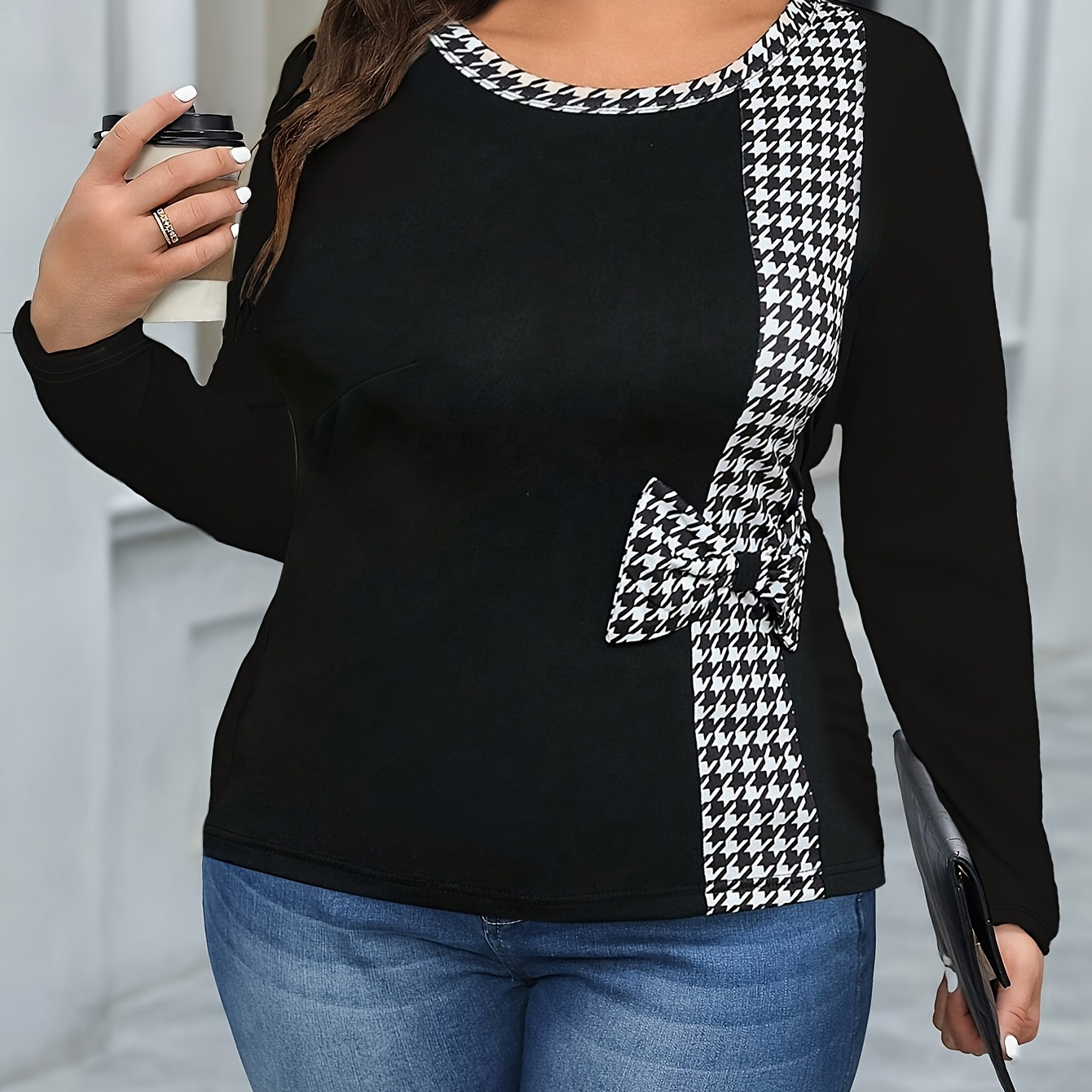 

Plus Size Patchwork T-, Bow Decor Long Top For & Fall, 's Plus Size Clothing