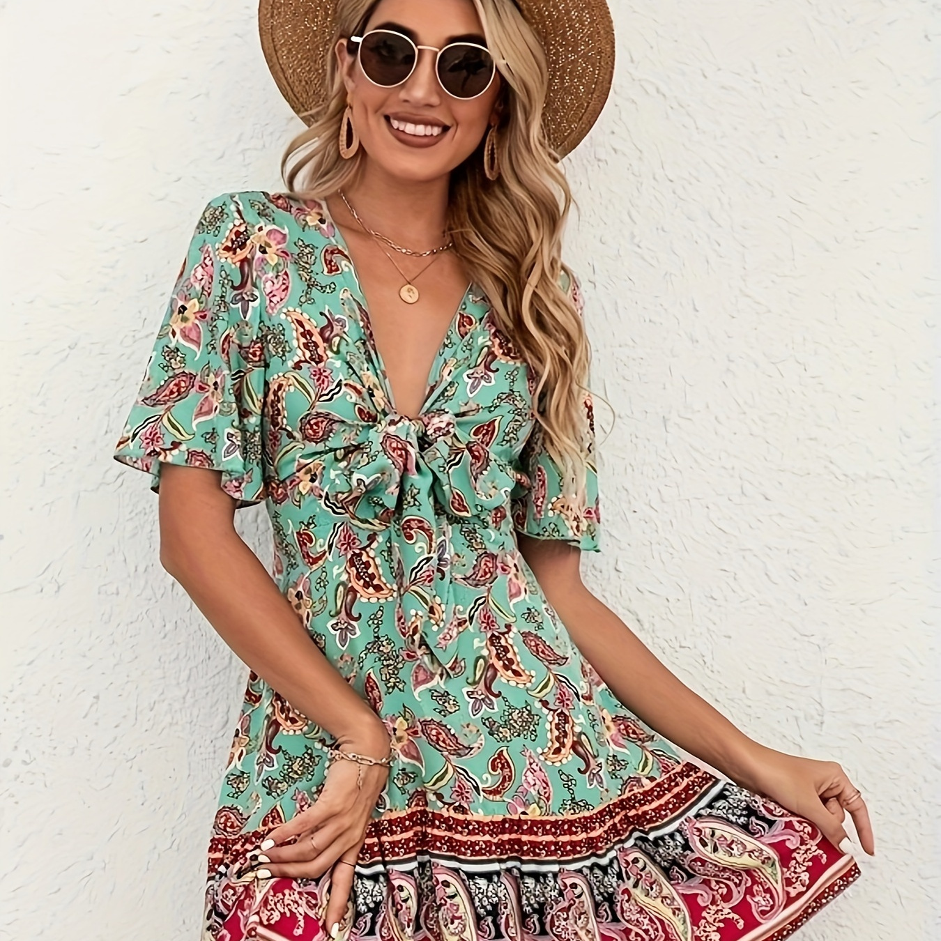 

Paisley Print Knotted Front Dress, Vacation Style Ruffle Sleeve Dress For Spring & Summer, Women's Clothing