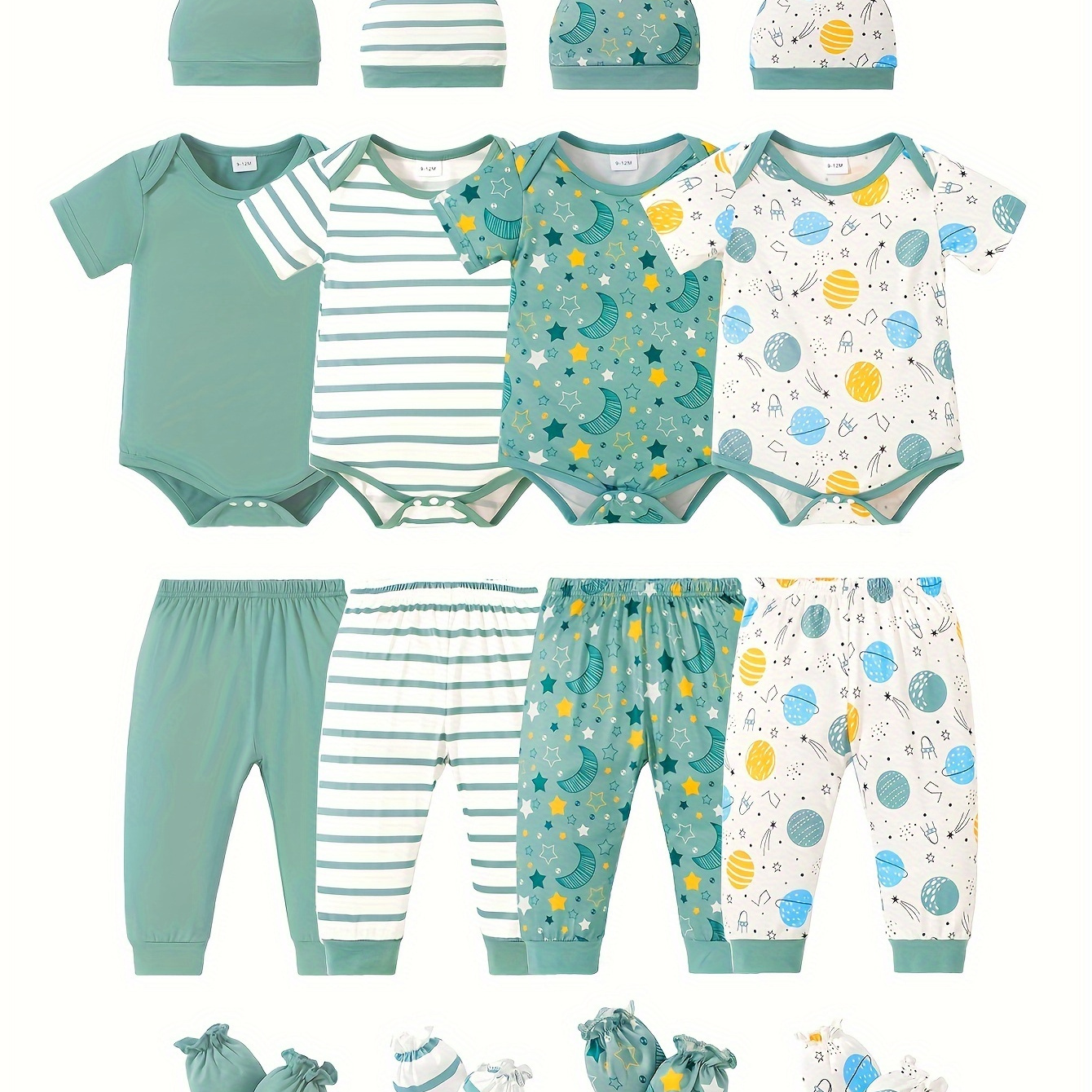 

4 Sets Newborn Baby's Solid Color & Starry Sky & Stripe & Space Pattern Casual Outfit, Triangle Onesie & Hat & Baby Mittens & Pants Set, Infant Boy's Clothes