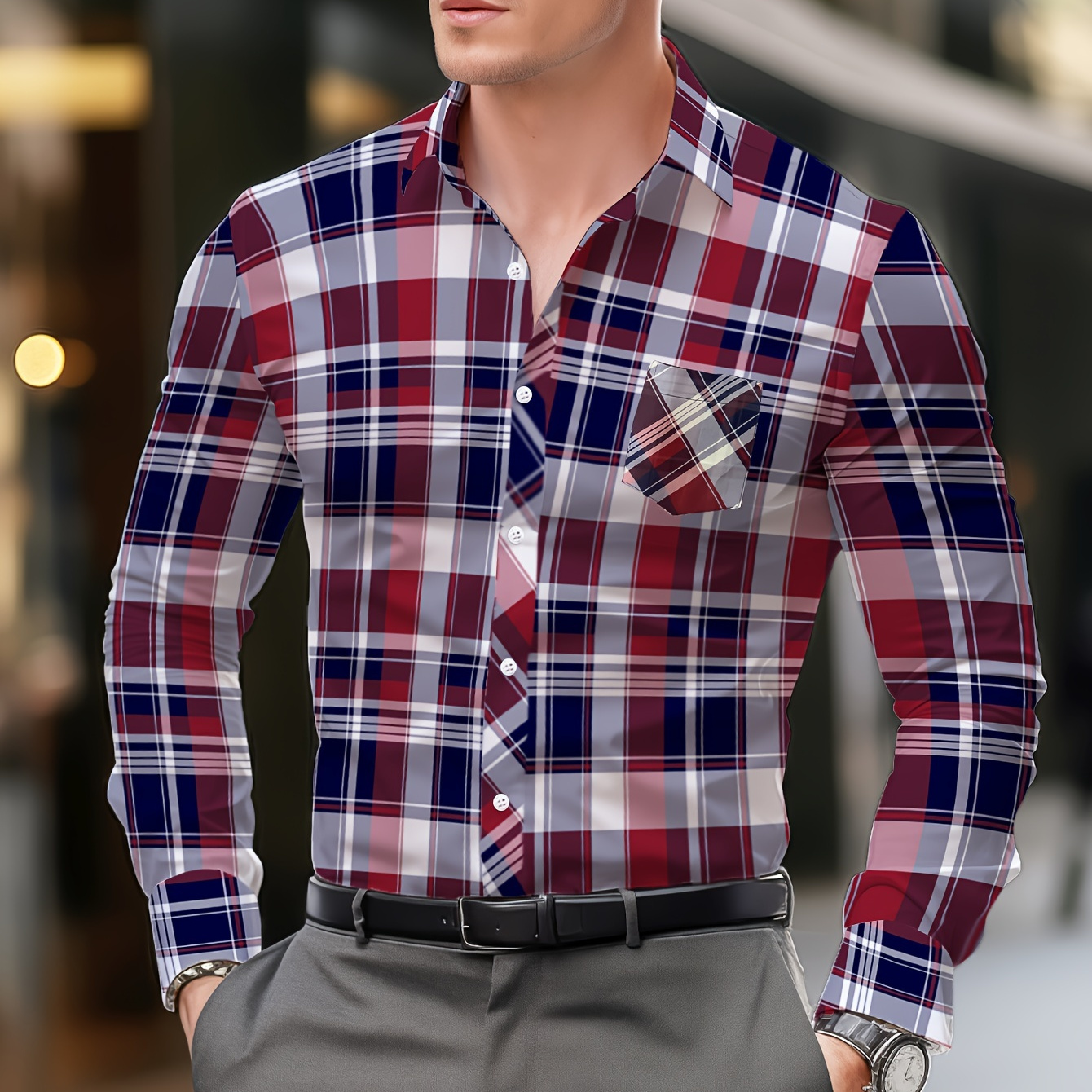 

Men's Plaid Lapel Collar Design Dress Shirts, Long Sleeve Casual Button Up Shirt For Formal Occasions