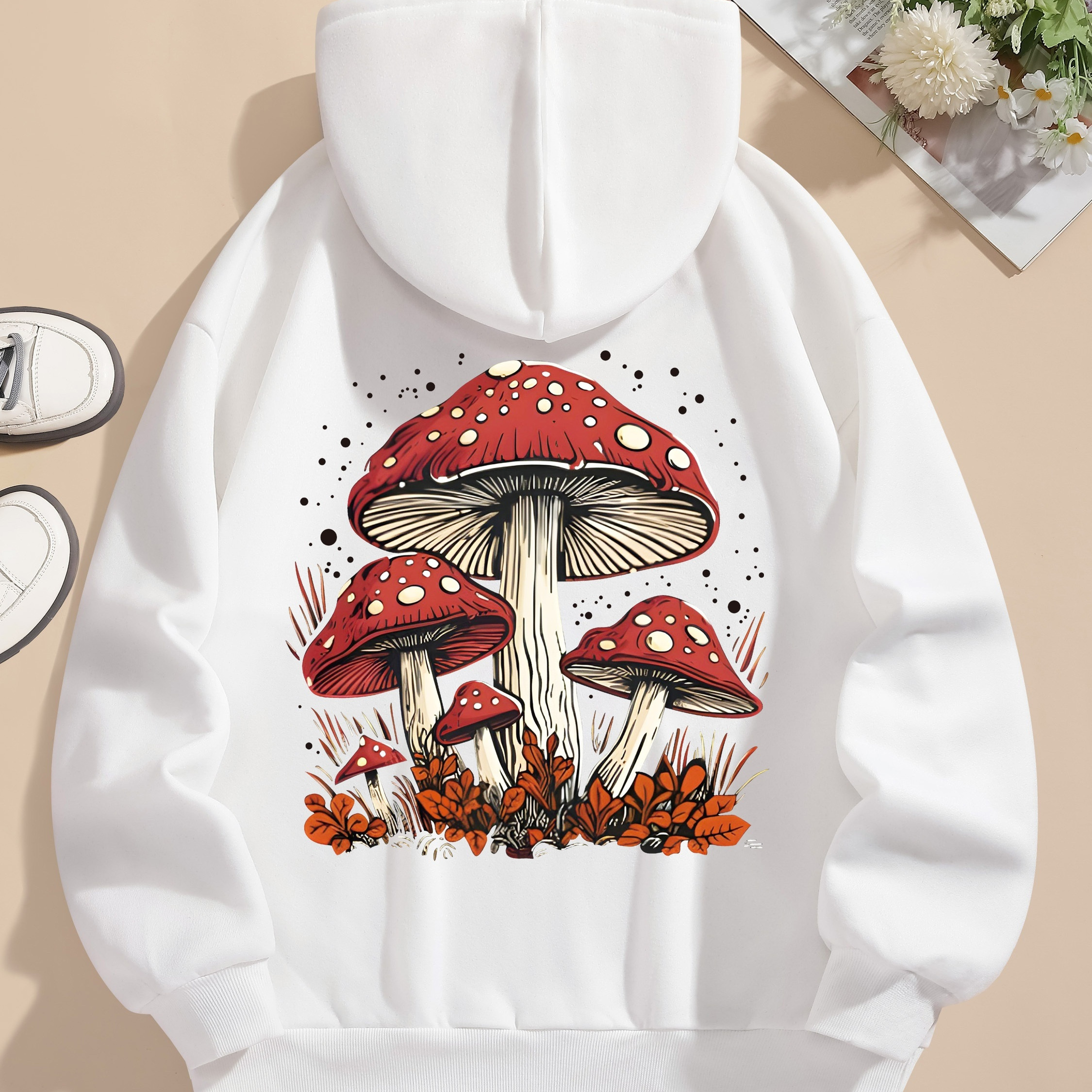 

Mushroom Print Hoodie, Drawstring Casual Hooded Sweatshirt For Winter & Fall, Women's Clothing