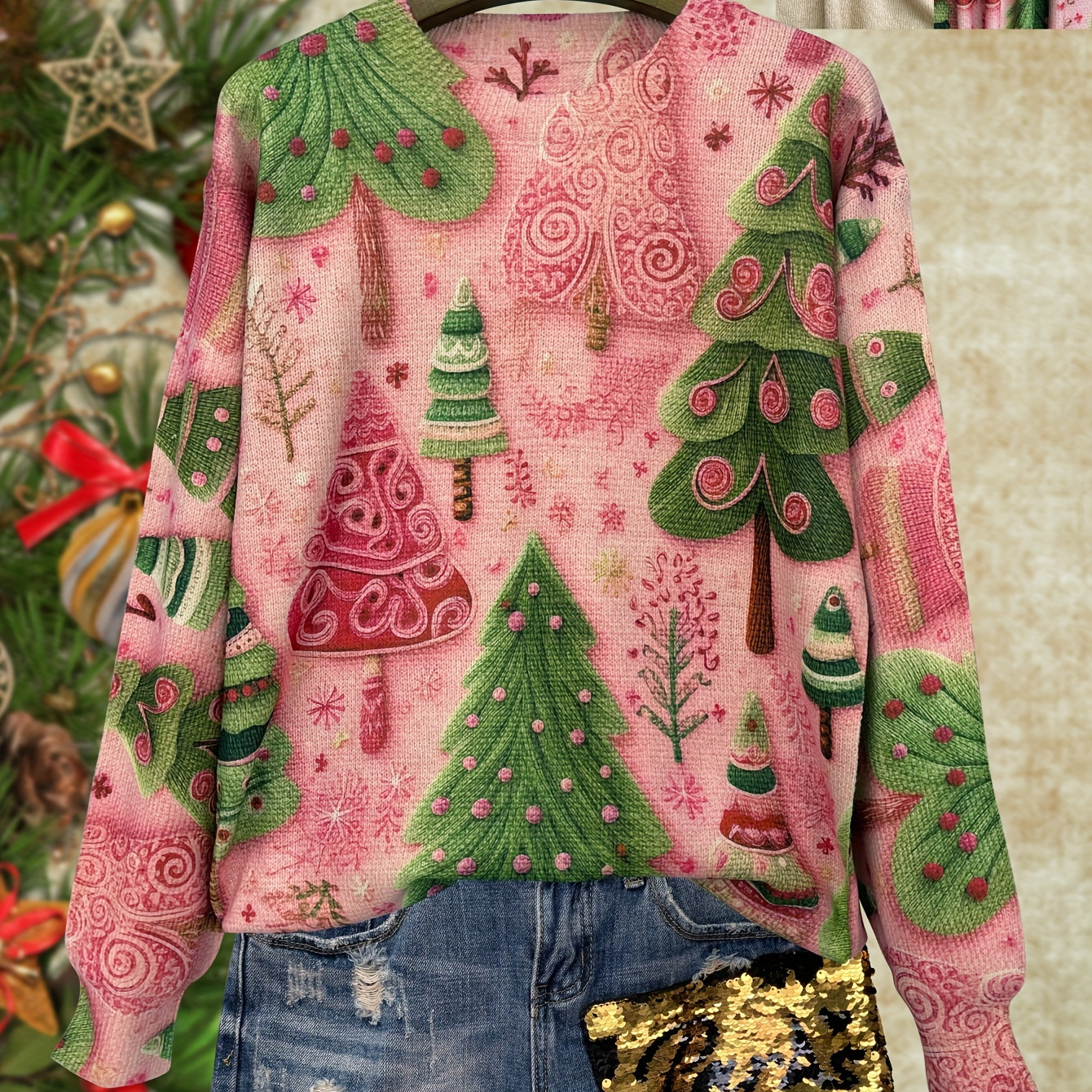 

Pull Léger pour Femme à Motif d'Arbre de Noël - Col Rond Décontracté, Manches Longues, Haut en Rose avec Imprimé Effet Tissé , pour les Célébrations de Noël, Vêtements de Noël