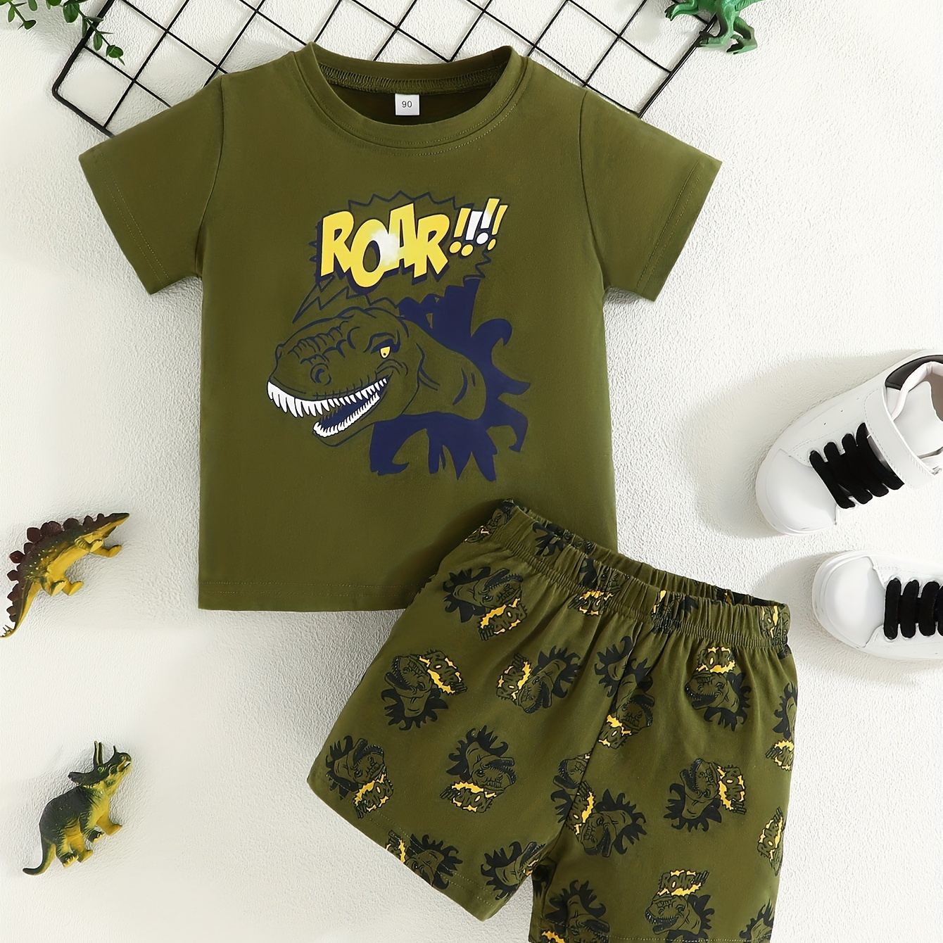 

2pcs Baby's Cotton "roar" Dinosaur Print Summer Set, T-shirt & Casual Shorts, Toddler Boy's Clothing, As Gift