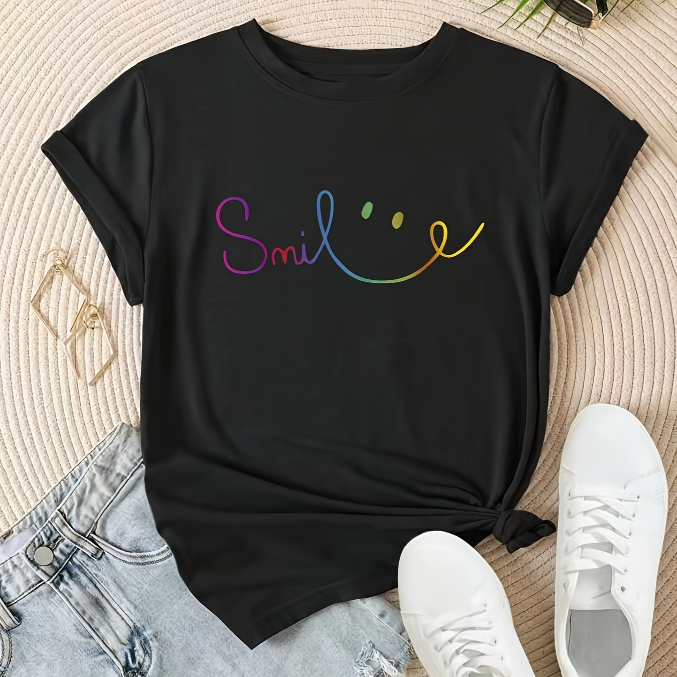 

Smile Print Crew Neck T-shirt, Casual Short Sleeve T-shirt For Spring & Summer, Women's Clothing