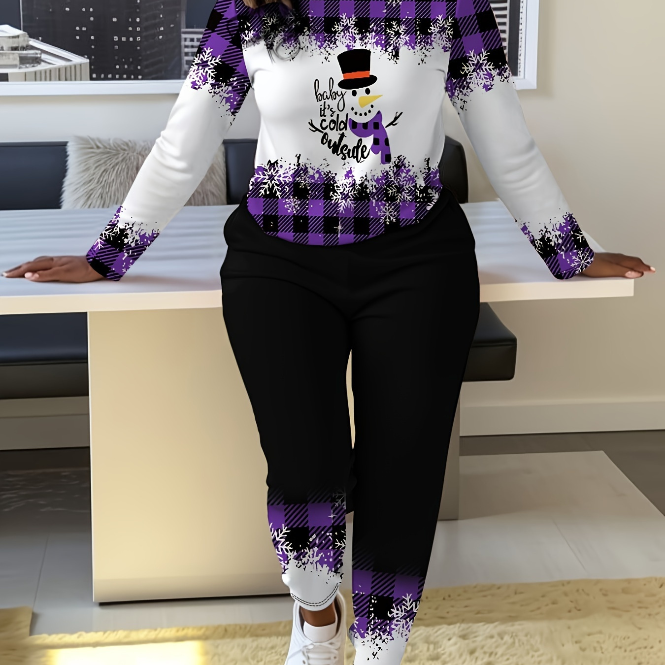 

Women's Christmas Snowman Outfit - Purple Long Sleeve Top & Pants With Pockets, Stretchy Polyester , Machine Washable