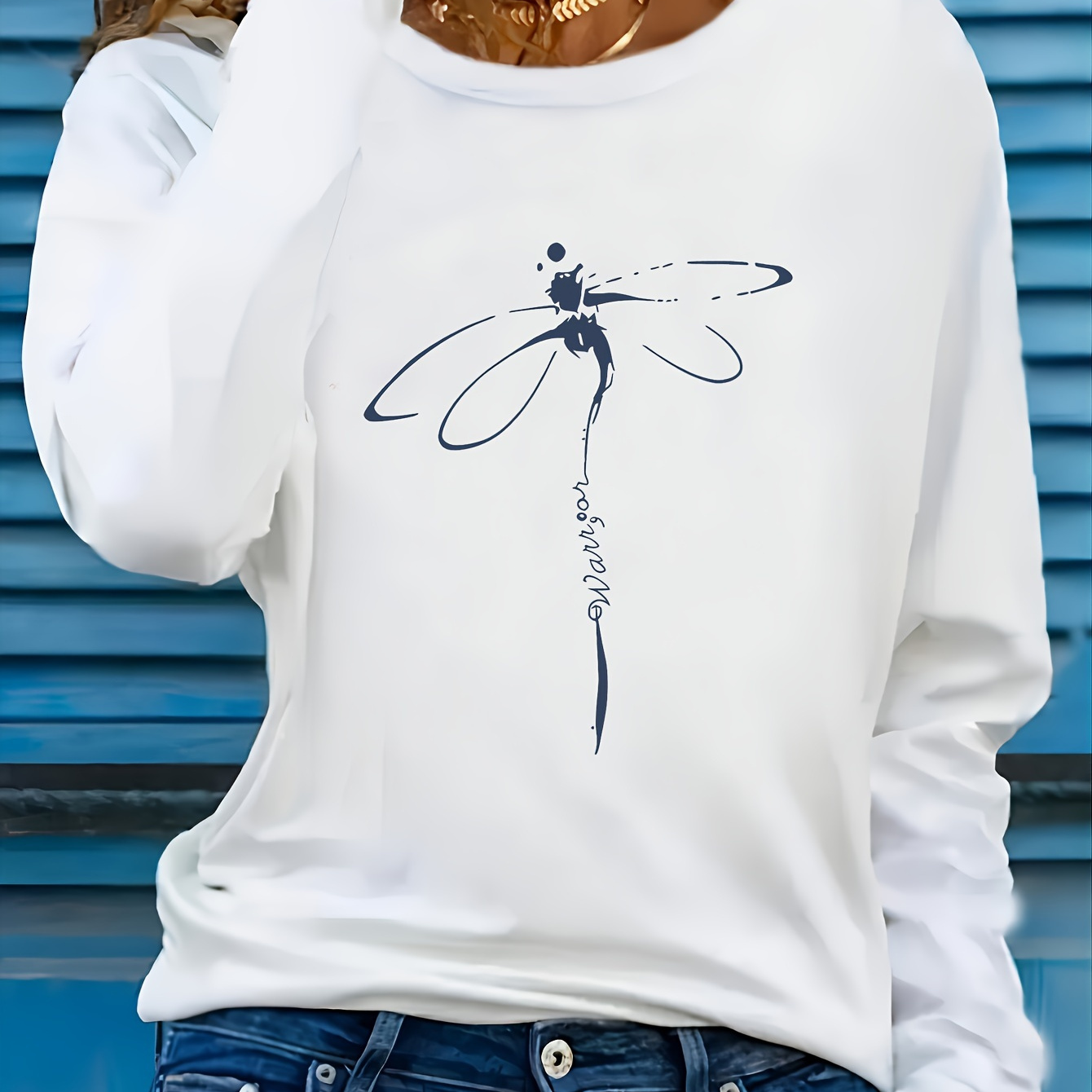 

Elegant Women's Dragonfly Print Long Sleeve T-shirt - Soft Polyester & Spandex Blend, Crew Neck, Machine Washable - Chic White Top For Spring & Fall