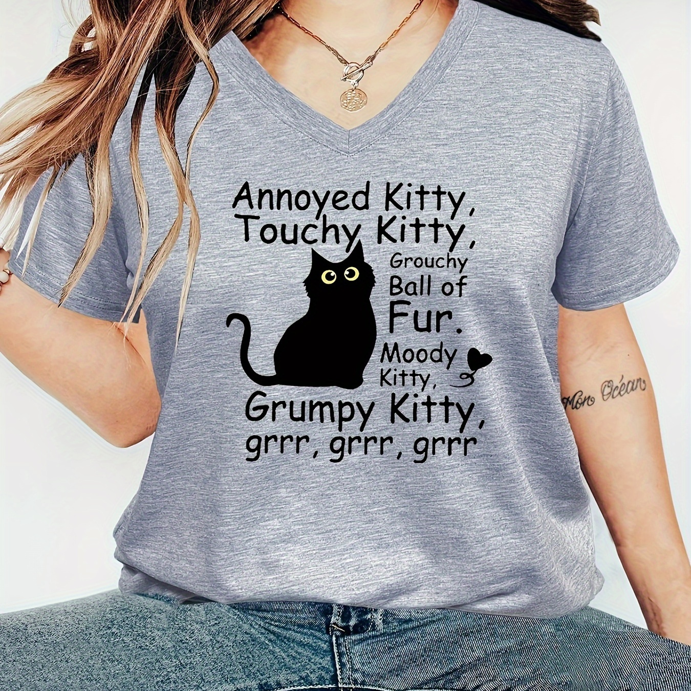 

Cats & Letter Print T-shirt, Short Sleeve V Neck Casual Top For Summer & Spring, Women's Clothing