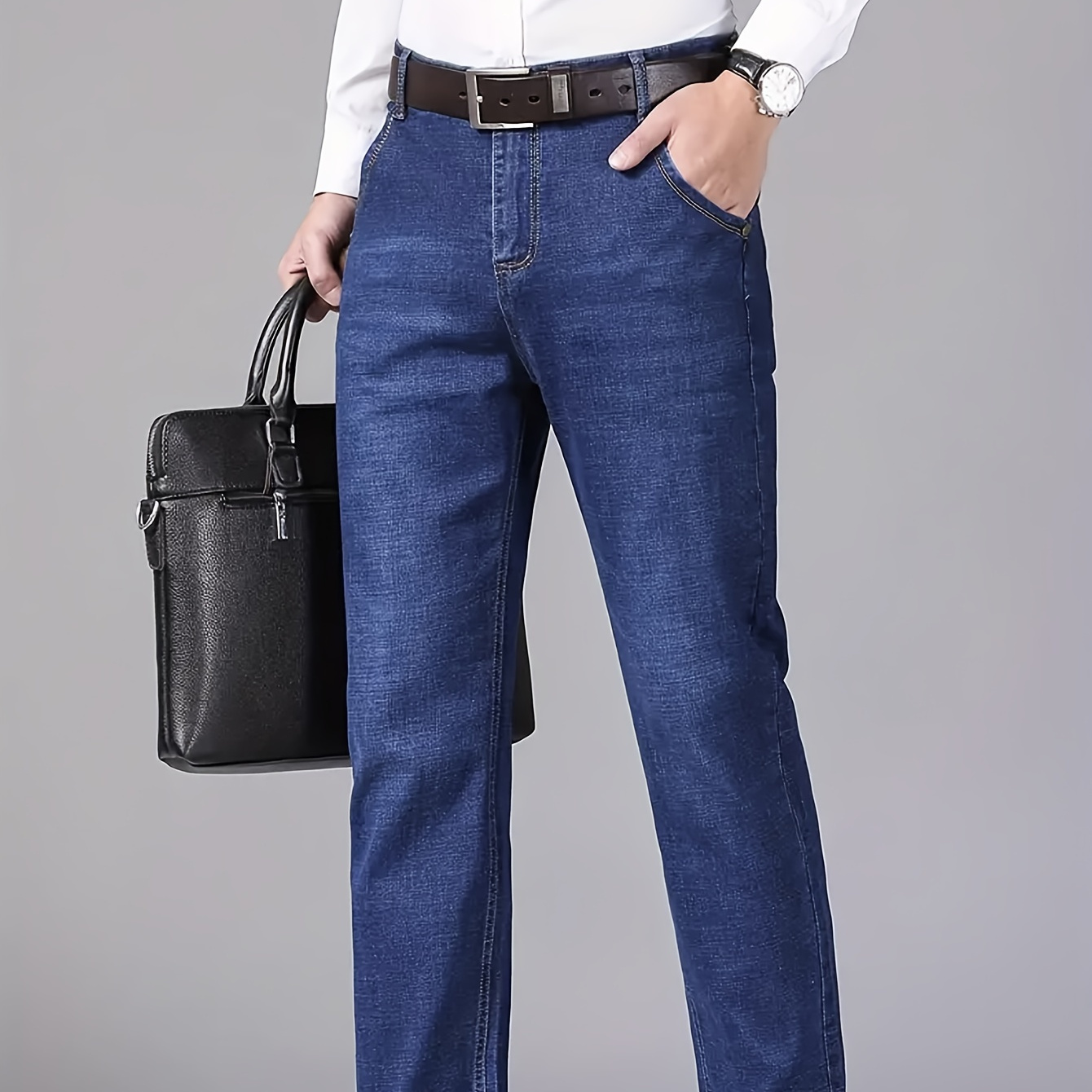

Men's Solid Denim Jeans, Light Business Style Slightly Stretch Straight Leg Pants For Outdoor Casual Daily