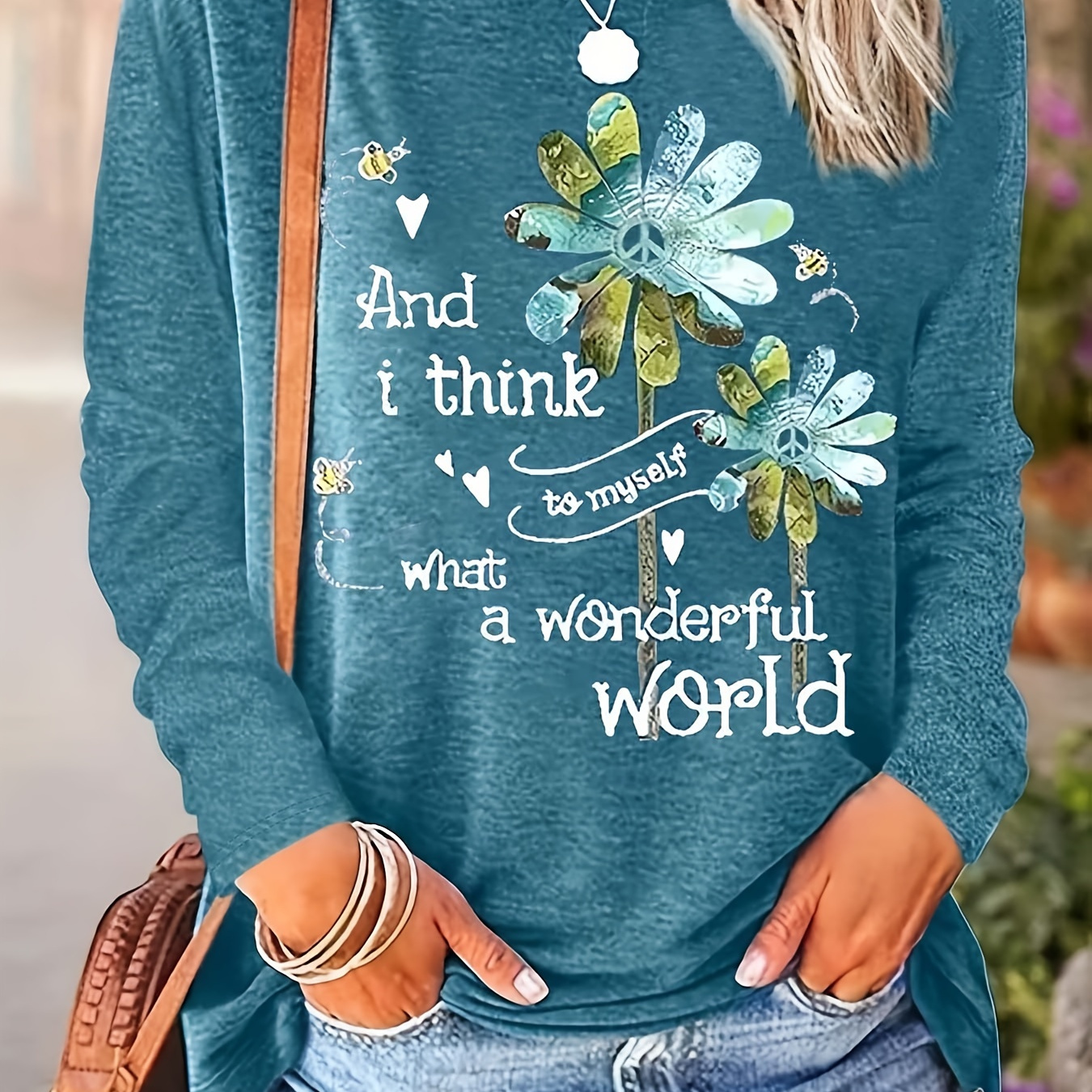 

1pc Women's Casual Crew Neck Long Sleeve T-shirt, Polyester Knit Fabric With Inspirational Quote And , Regular Length For Spring/fall