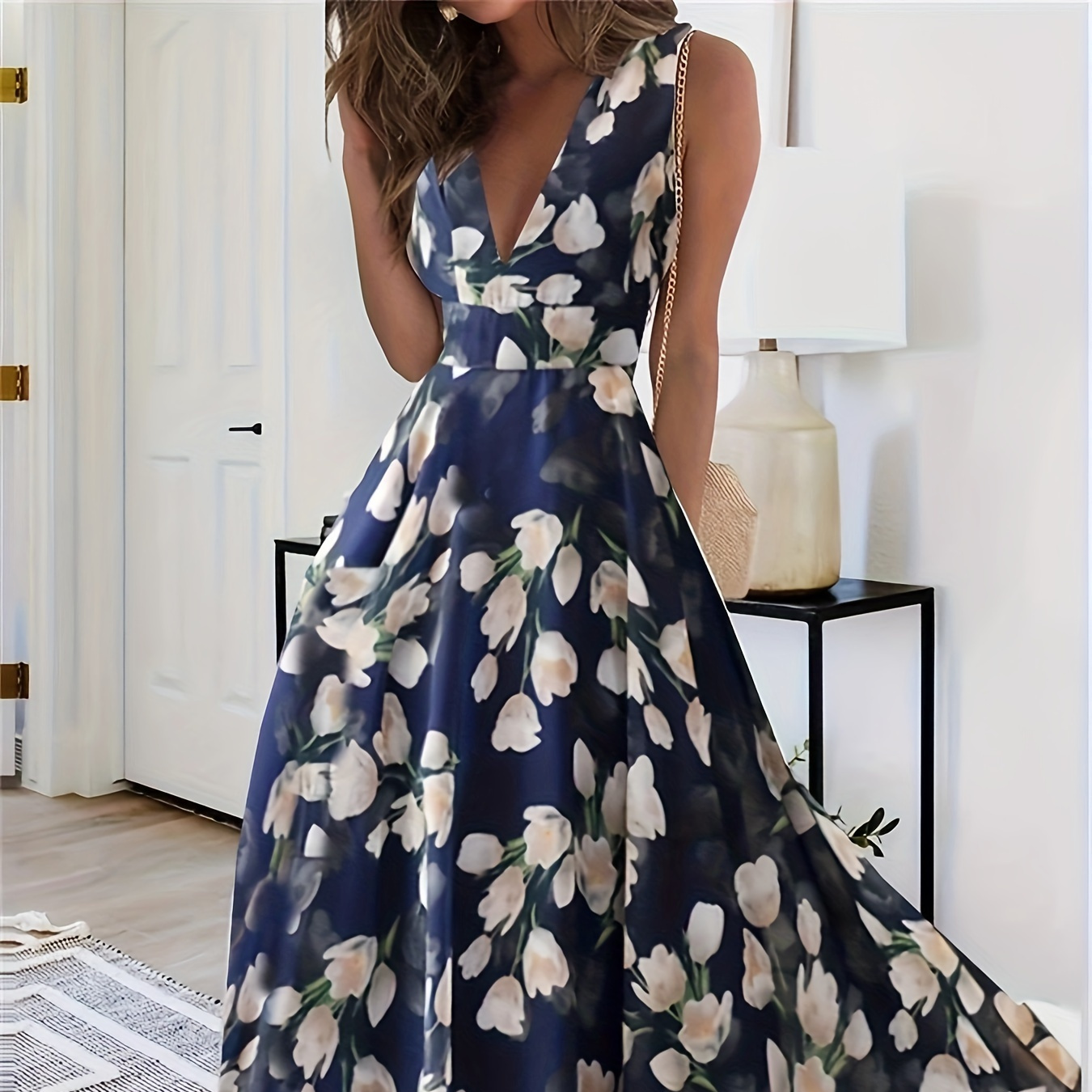 

Floral Print Cinched Waist Swing Dress, Vacation V Neck Sleeveless Dress For Spring & Summer, Women's Clothing