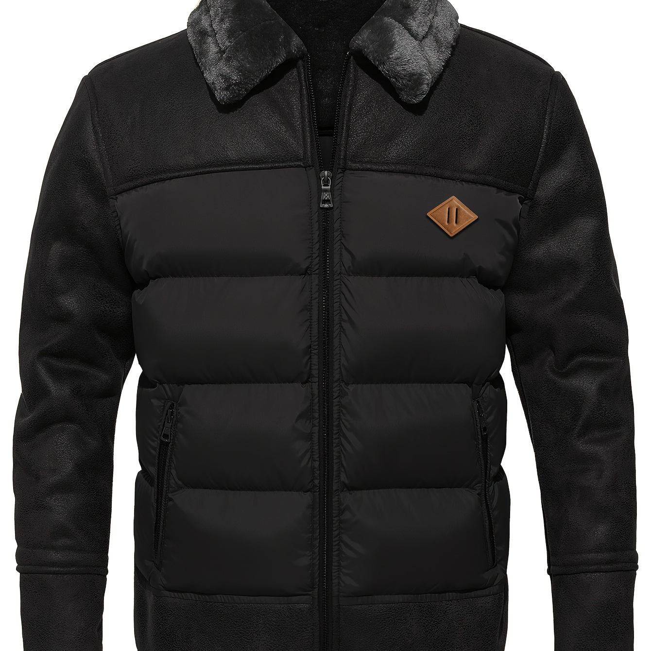 

Men's Casual Winter Jacket - Warm Fleece-lined Leather, Zip-up With Pockets For Outdoor & Casual Attire