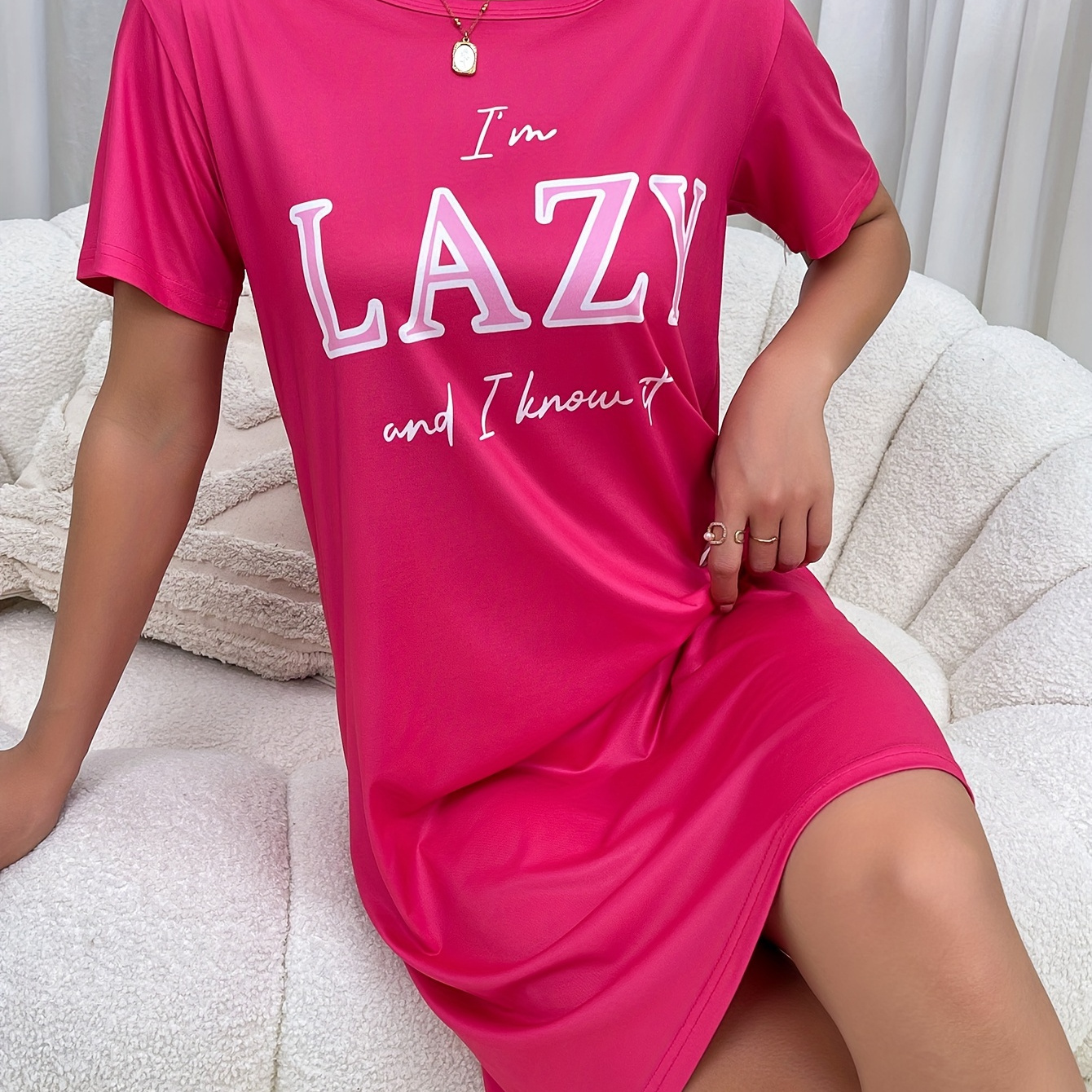 

Women's Pink "i'm Lazy And " Slogan Print Short Sleeve Sleep Dress - Casual Polyester Nightgown, Machine Washable, Attire||polyester