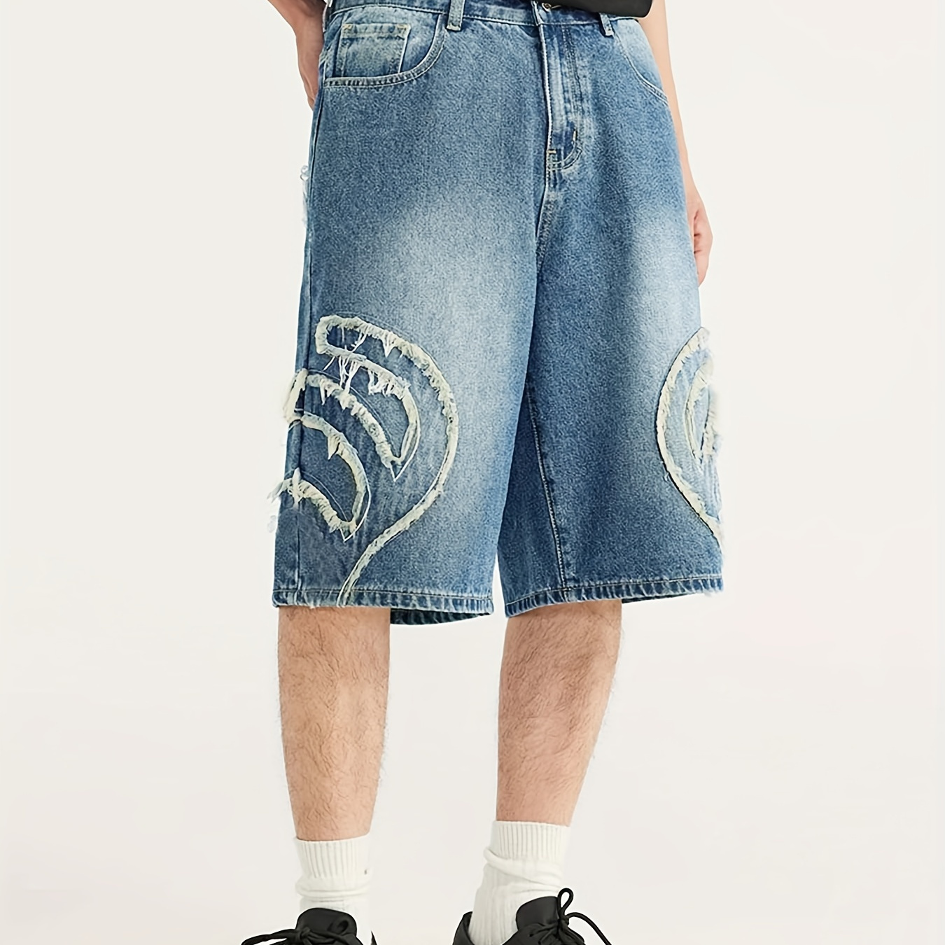 

Men's Loose Frayed Geometric Print Denim Shorts With Pockets, Casual Cotton Blend Jeans For Summer Outdoor Activities Jorts