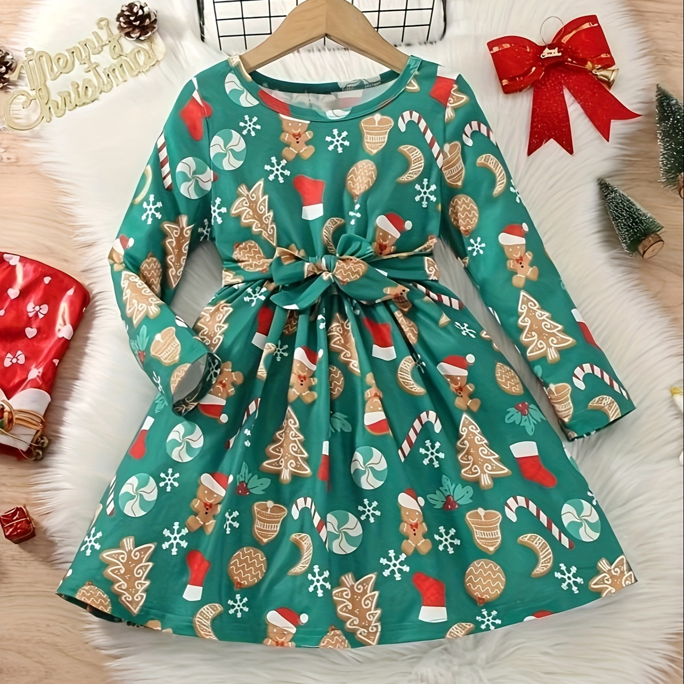 Toddler Girls Cute Gingerbread Man Graphic Candy Canes Print Long Sleeve Dress With Bow Belt Kids Clothes Christmas Gift