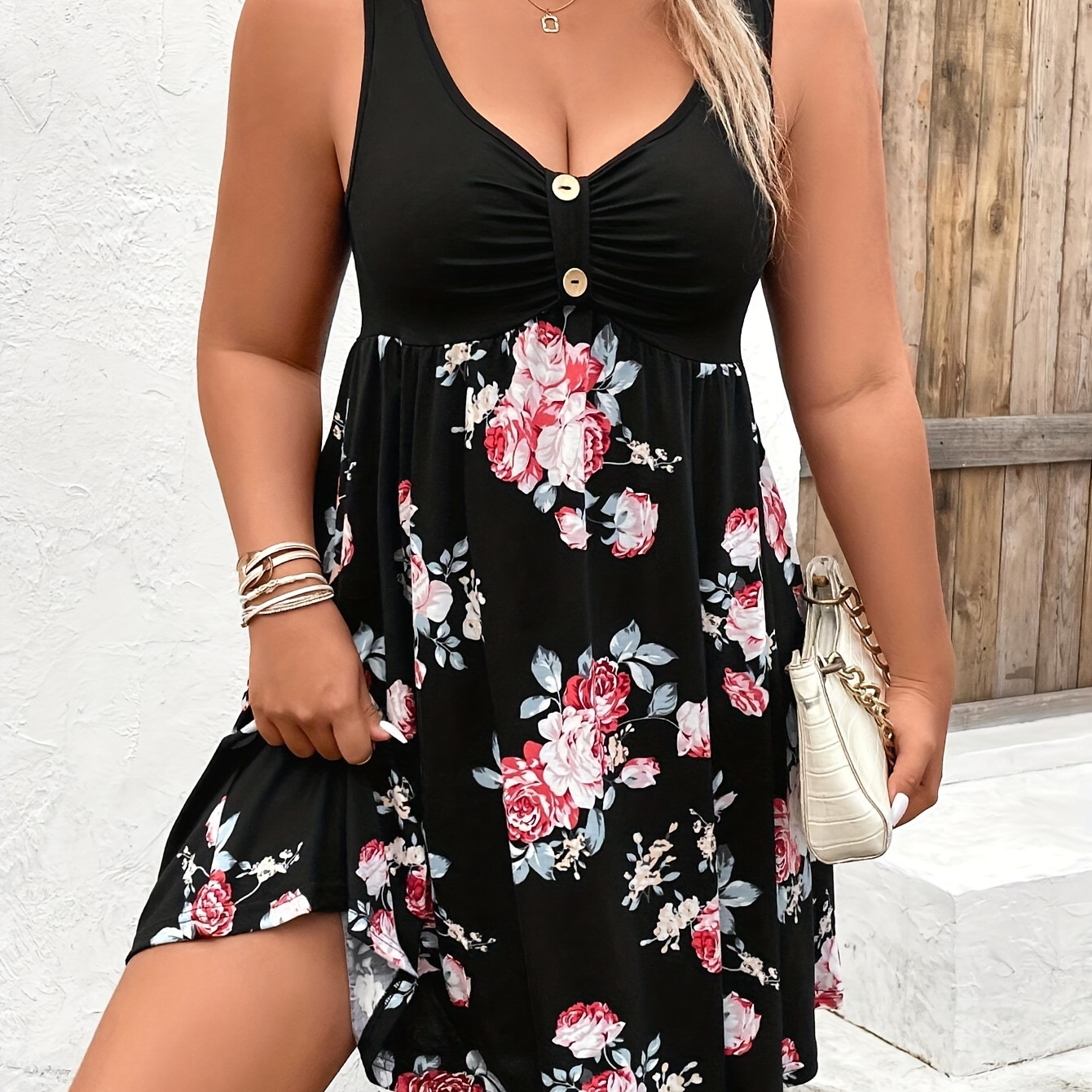 

Plus Size Floral Print Patchwork Gathered Tank Dress, Vacation Style Button Front Sleeveless V Neck Dress For Spring & Summer, Women's Plus Size Clothing