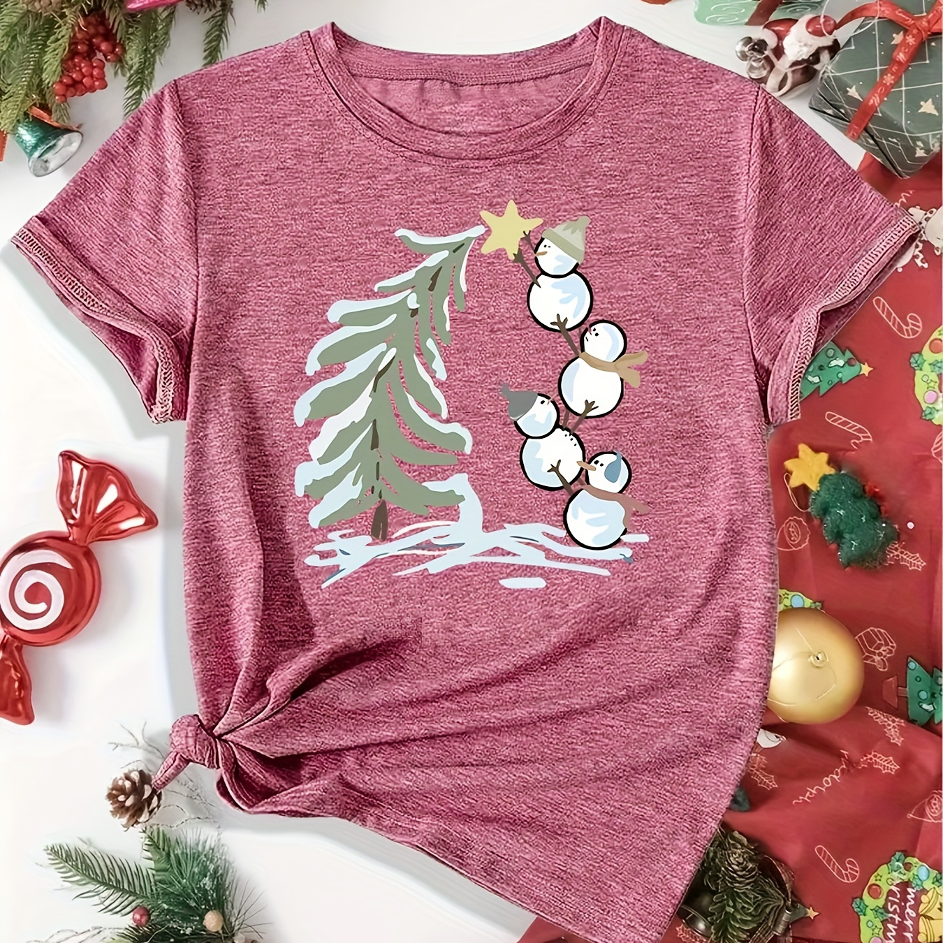 

Christmas Snowman Neck T-shirt, Casual Short Sleeve Top For , Women's Clothing