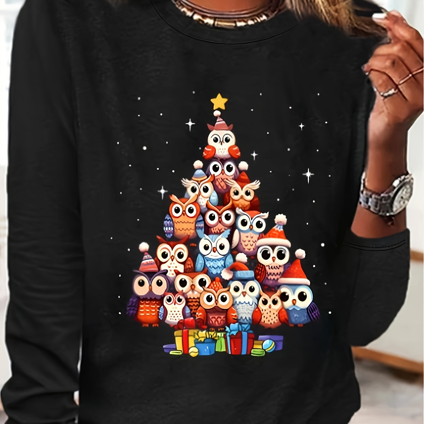 

1pc Women's Casual Crew Neck Long Sleeve T-shirt, Geometric Owl Christmas Tree Print, Polyester Knit Fabric, Regular Length, Loose Fit Top For Spring/fall