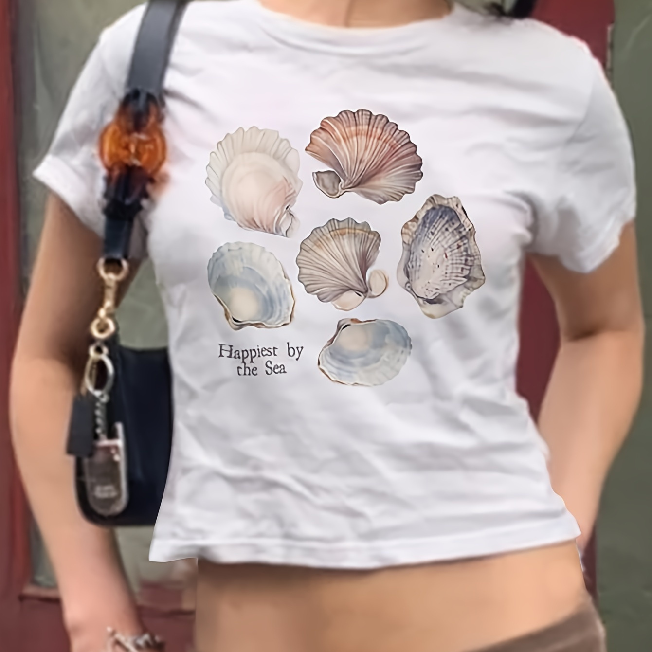 

Shell Print T-shirt, Short Sleeve Crew Neck Casual Top For Summer & Spring, Women's Clothing