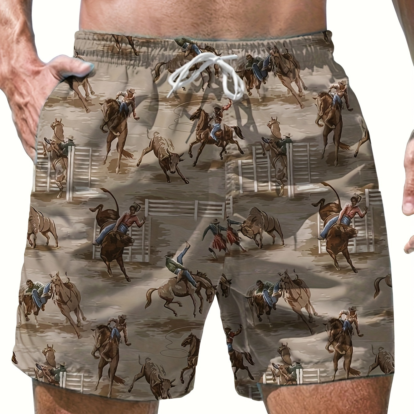 

Western Cowboys Pattern Men's Stylish Drawstring Shorts With Pockets For Summer Beach Sports