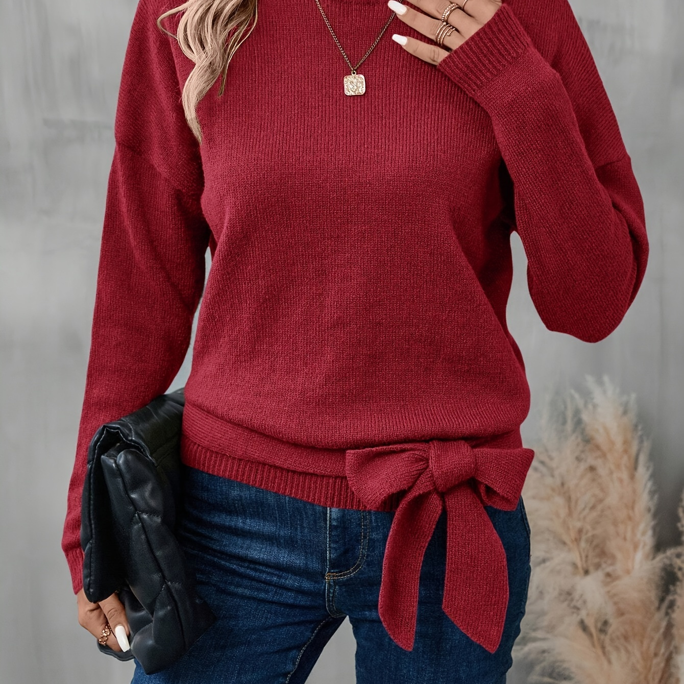 

Chic Bow-knot Hem Casual Knit Sweater - Solid Color, Long Sleeve, Crew Neck Pullover For Women - Fall/winter