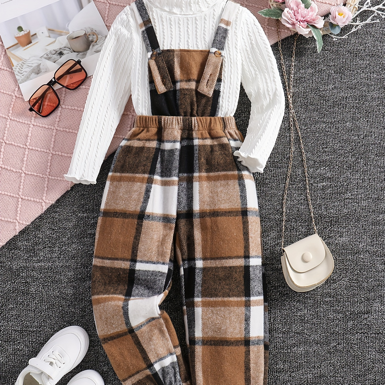 

Girls 2pc, Solid Pullover Long Sleeve Top + Plaid Jumpsuit Kids Clothes For Spring Fall Outdoor