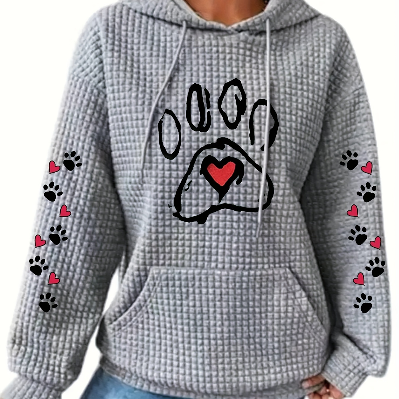 

Paw Print Kangaroo Pocket Hoodie, Casual Long Sleeve Drawstring Hoodies Sweatshirt, Women's Clothing