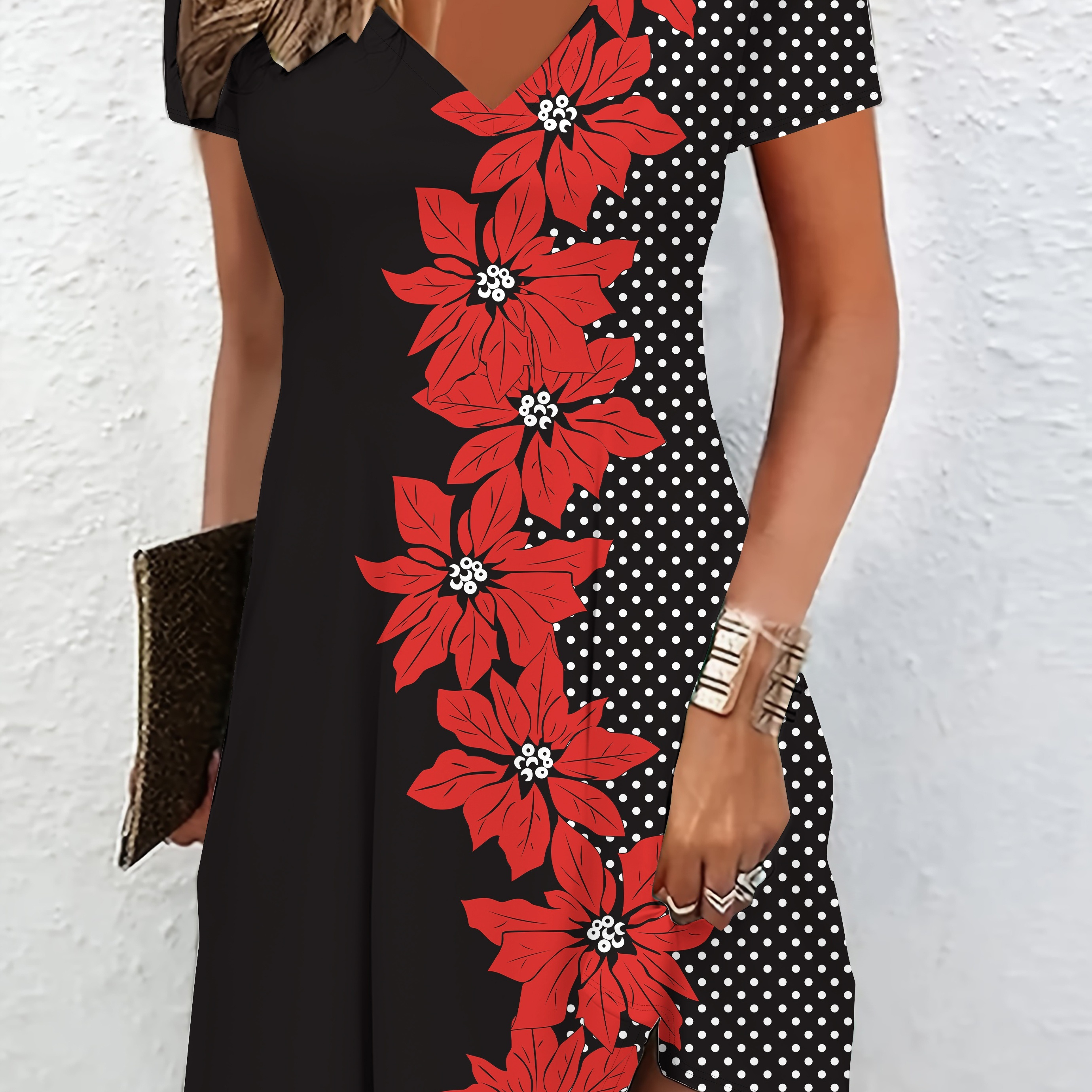 

Floral Print Patchwork V-neck Dress, Casual Short Sleeve Dress For Summer & Spring, Women's Clothing