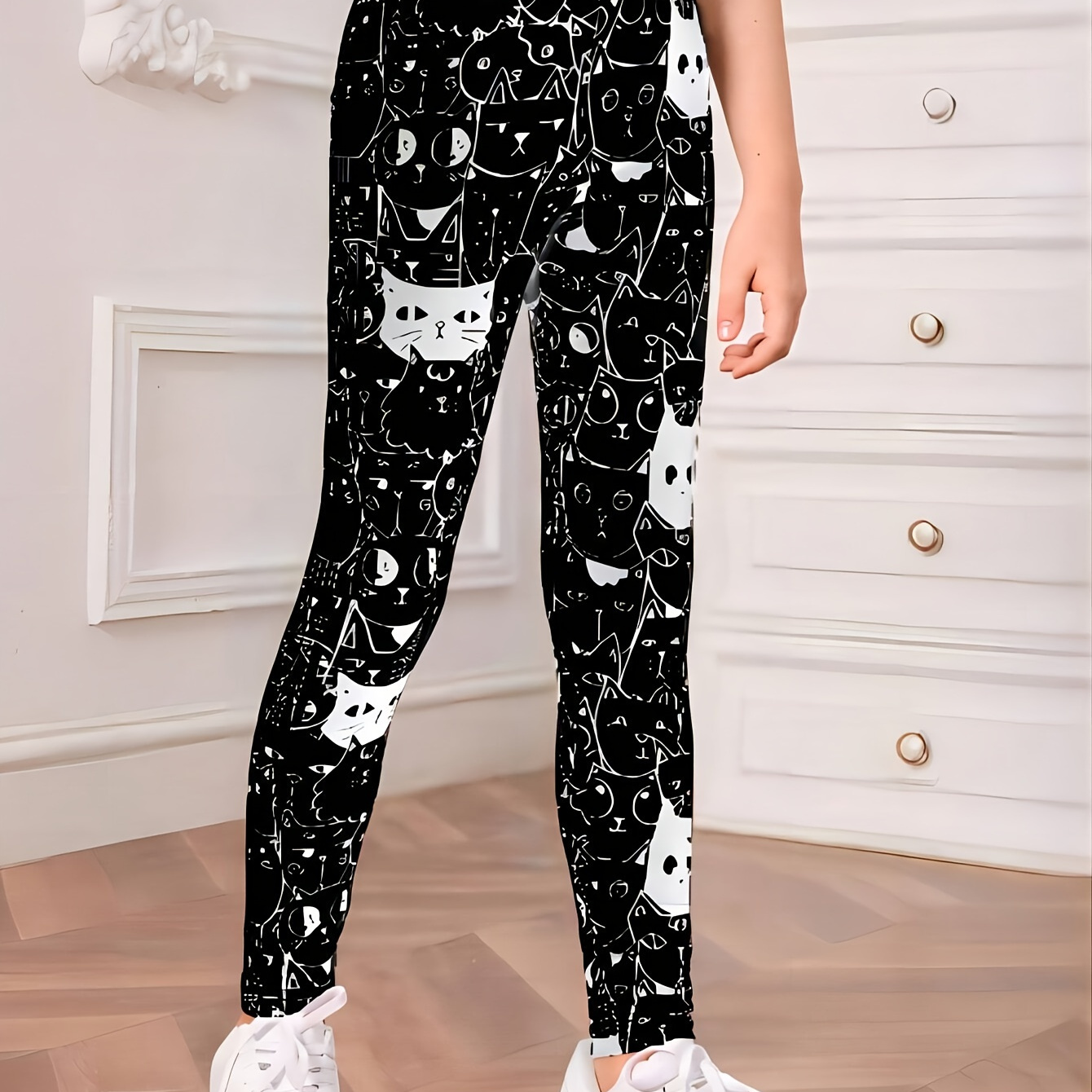 

Girls High Stretchy Cartoon Cat Graphic Tummy Control Leggings Tight Pants For Sports Yoga