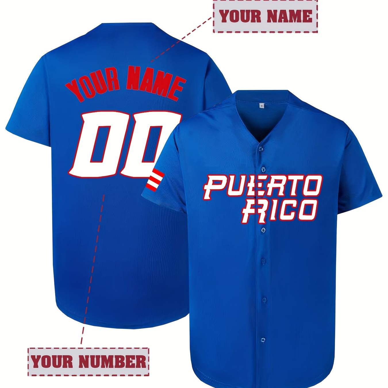 

Puerto Rico Baseball Jersey, Personalized Men's V-neck Short Sleeve Sports Shirt, Customized Name And Number Embroidery, Loose Breathable Team Training Uniform