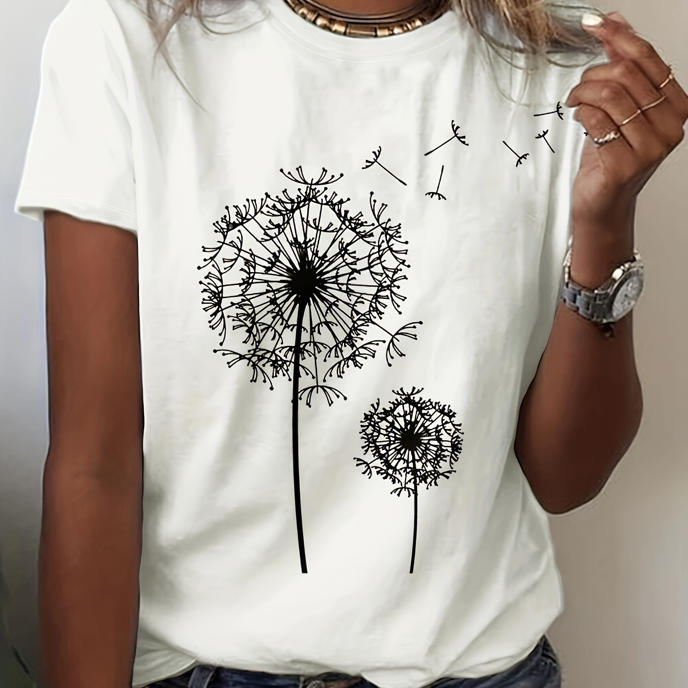 

Dandelion Print Short Sleeve T-shirt, Casual Crew Neck Top For Spring & Summer, Women's Clothing