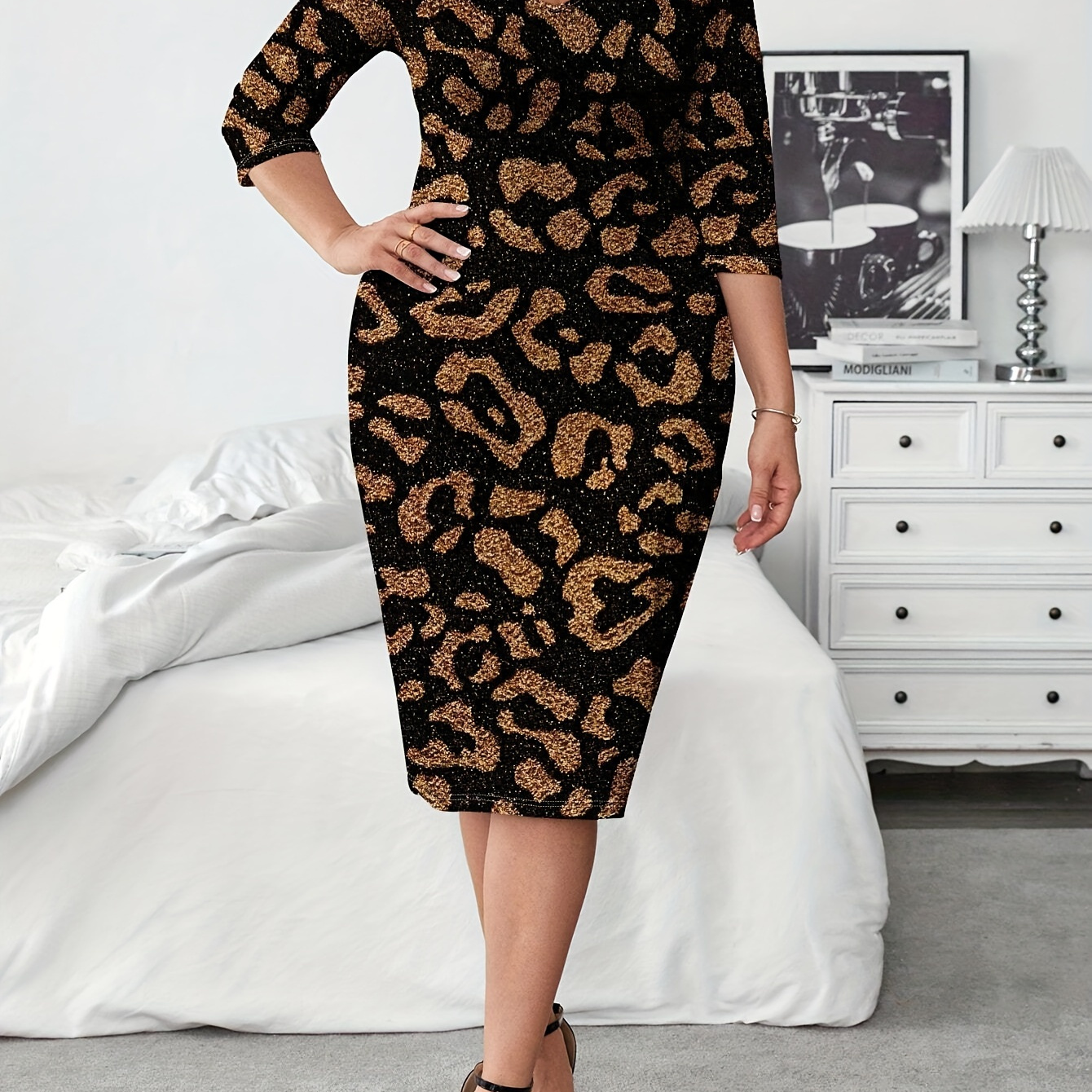 

Plus Size Women's Elegant Leopard Print V-neck Midi Dress - Stretchy Polyester , Mid-sleeve Pencil Skirt Style For Spring/fall, Leopard Print Dress