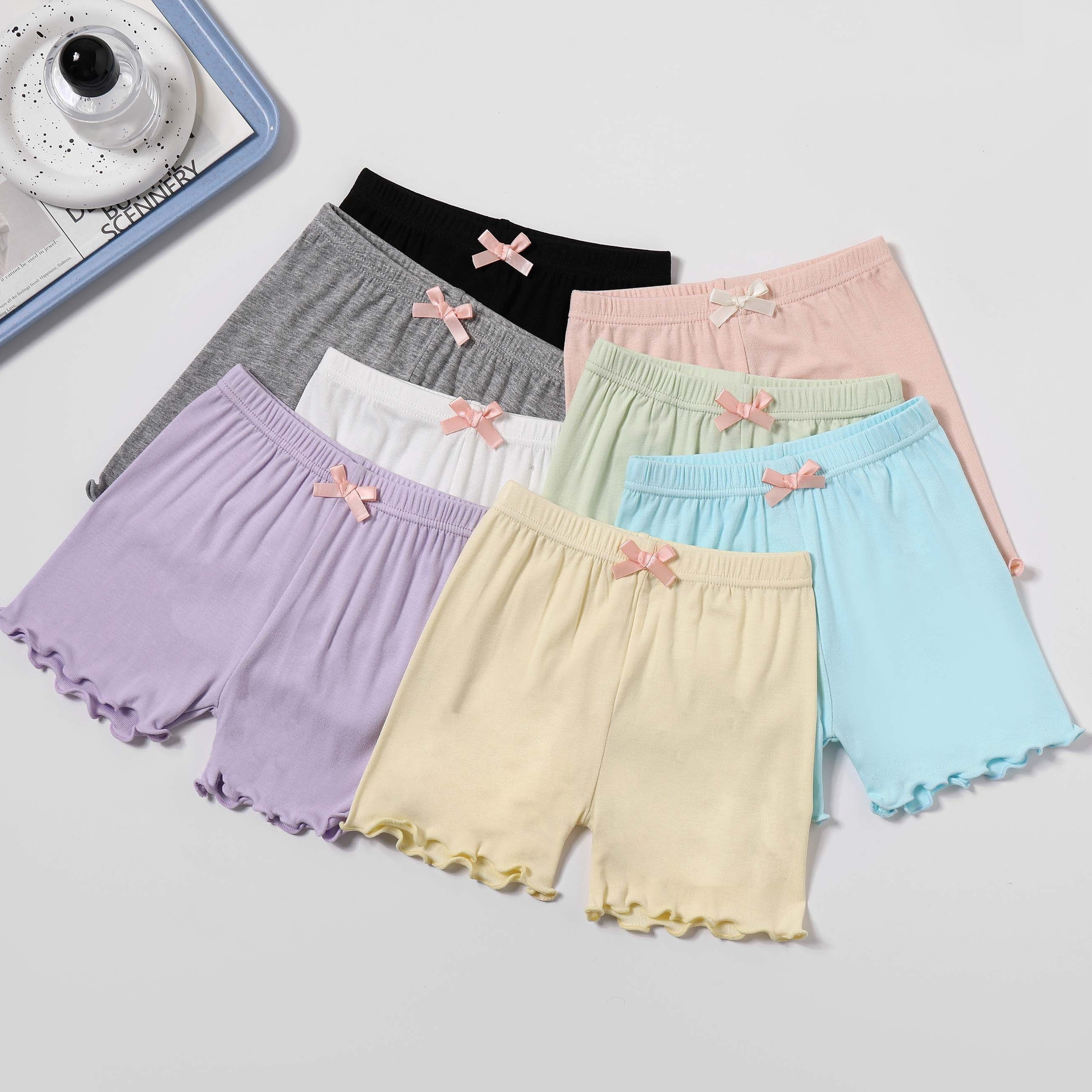 

8pcs Girls' Modal Safety Shorts, Summer Thin Solid Color Cute Bow Shorts, Breathable Shorts For Kids Comfortable Stretch Fit