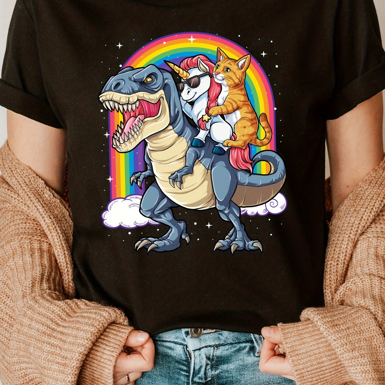 

Dinosaur Print Crew Neck T-shirt, Short Sleeve Casual Top For Summer & Spring, Women's Clothing