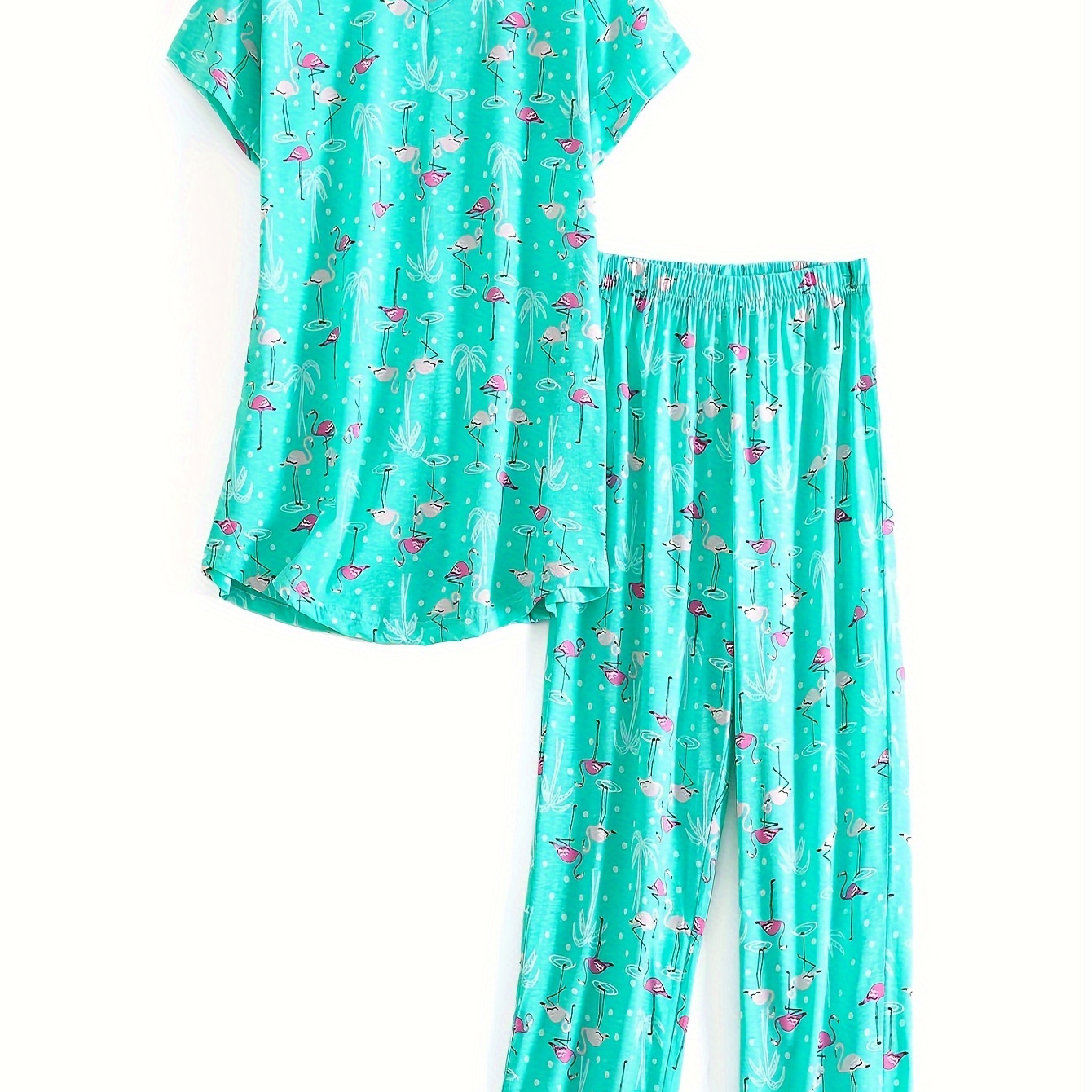 

Women's Coco & Flamingo Print Lounge Set, Casual Short Sleeve Top With Capri Pants, Comfortable Summer Pj Set For Women