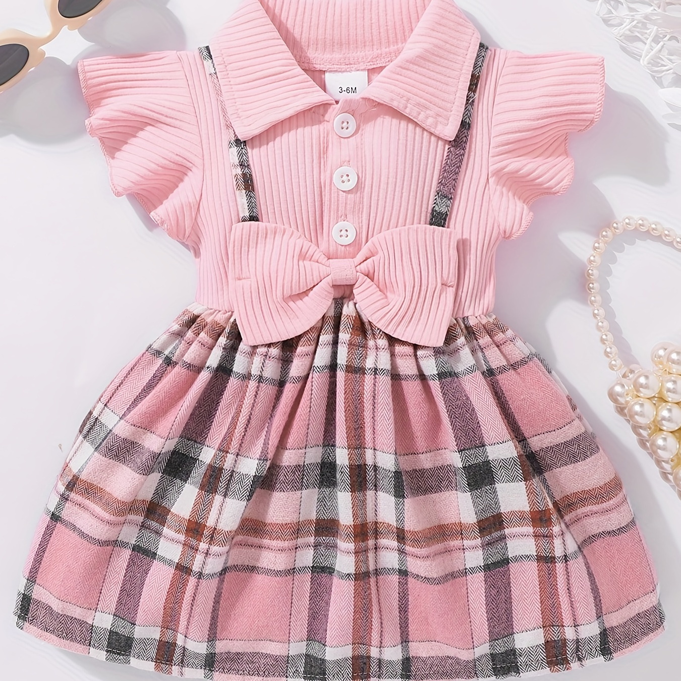 

Girl's Casual Plaid Bowknot Flutter Sleeve Lapel Collar Dress, Trendy Stitching Dress, Toddlers Children Cotton Summer Clothes
