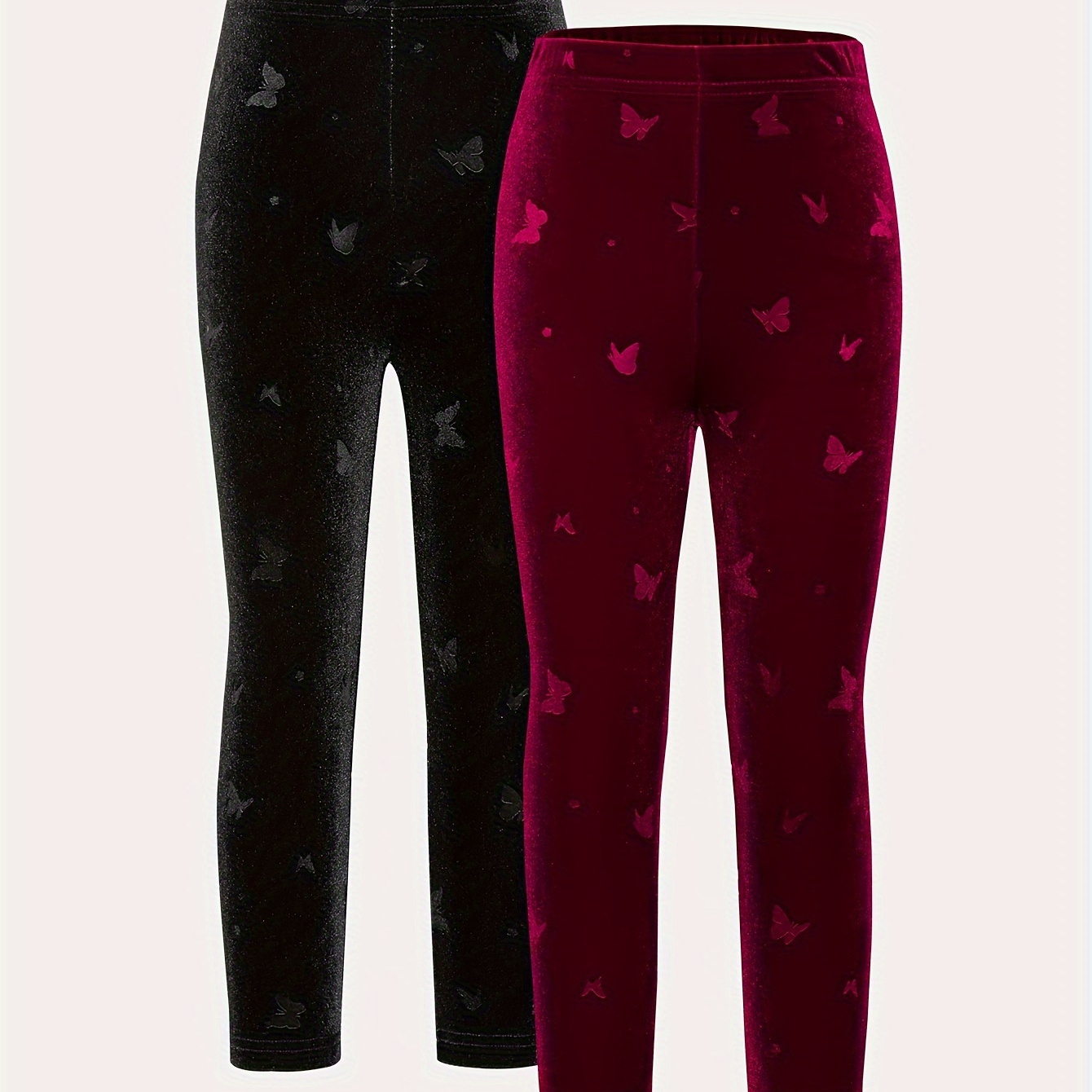 

Cozy & Cute Butterfly Embossed Leggings For Girls - 2pcs, Stretchy Velvet Warm Pants With Waistband, Fall/winter