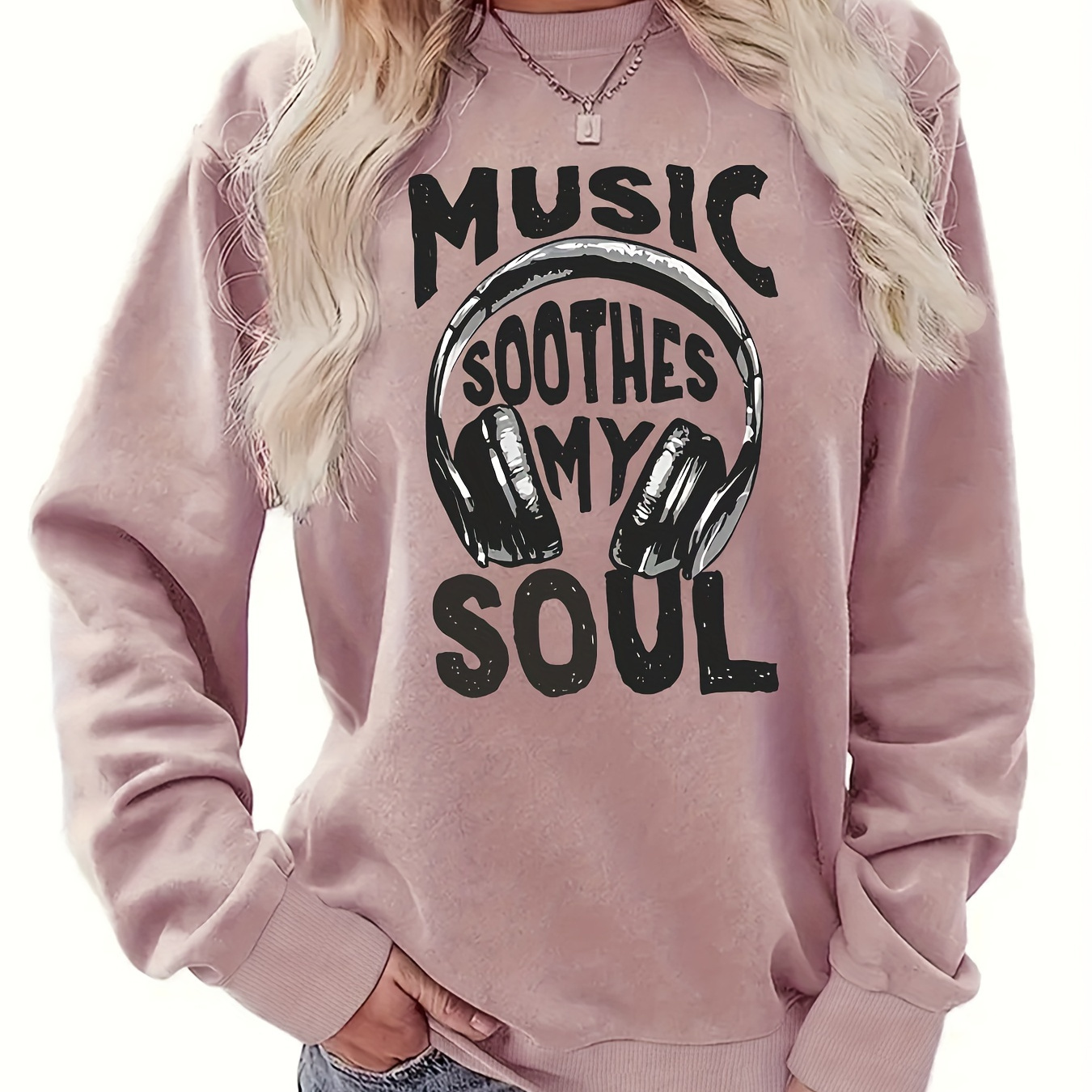 

Music Print Pullover Sweatshirt, Casual Long Sleeve Crew Neck Sweatshirt For Fall & Spring, Women's Clothing