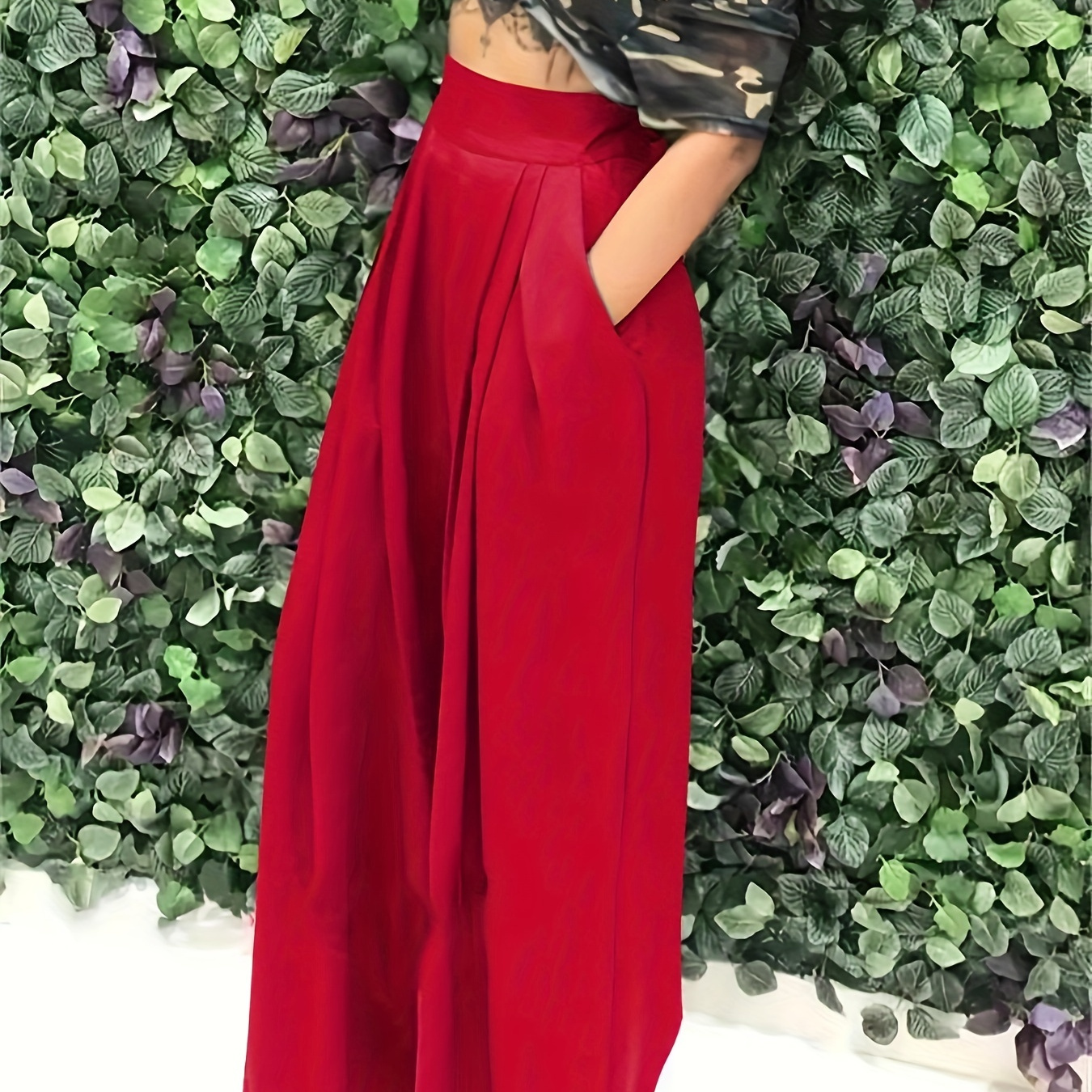 

Elegant High-waist Solid Red Polyester Culottes With Pockets, Woven Fabric - 95% Polyester, 5% Spandex, Versatile All-season Wide-leg Pants For Women