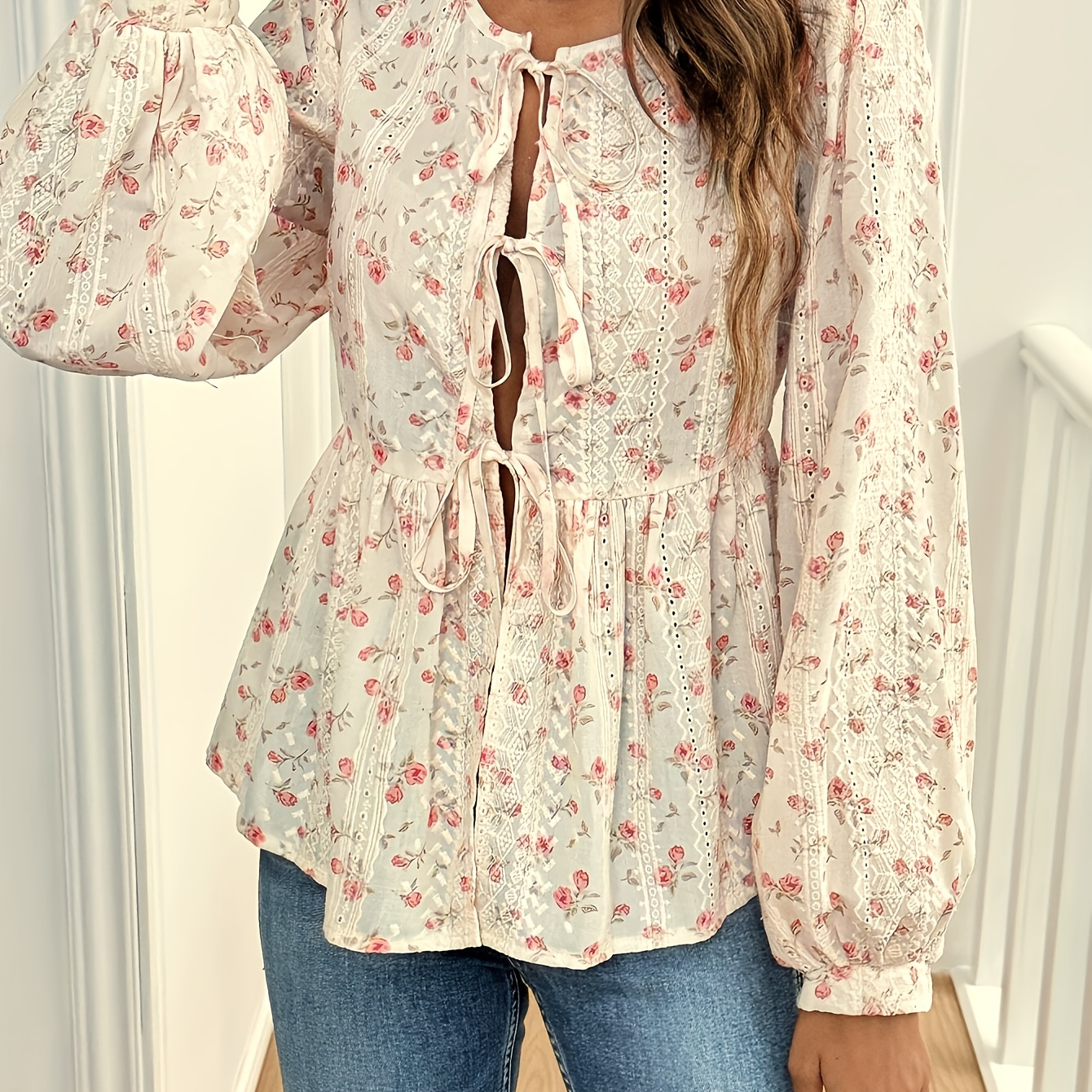 

Elegant Floral Print Tie-front Blouse With Lantern Sleeves And Ruffle Hem - French Jacquard Long Sleeve Shirt For Women, Spring/summer Collection