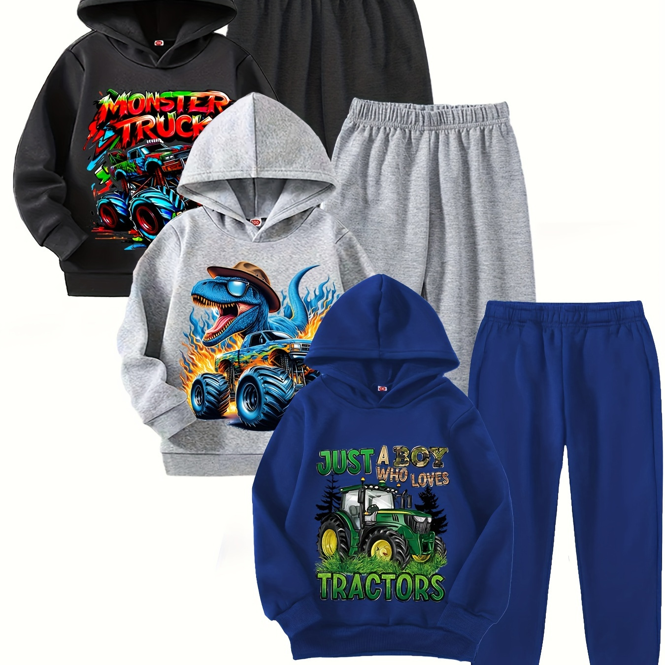 

[ ] Boys' 3pcs Set: Hooded Long Sleeve Sweatshirt & Pants - Outfit For Fall/, , For