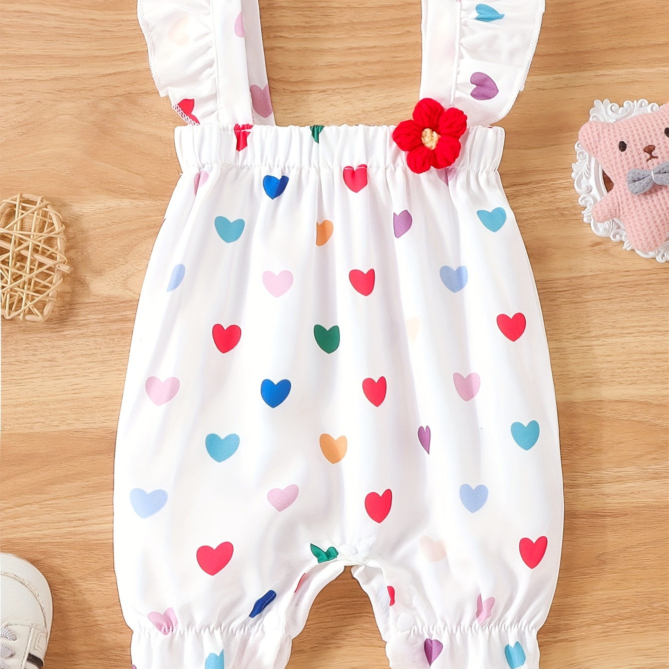 

Infant's Colorful Heart All-over Print Bodysuit, Lovely Sleeveless Overalls, Baby Girl's Clothing