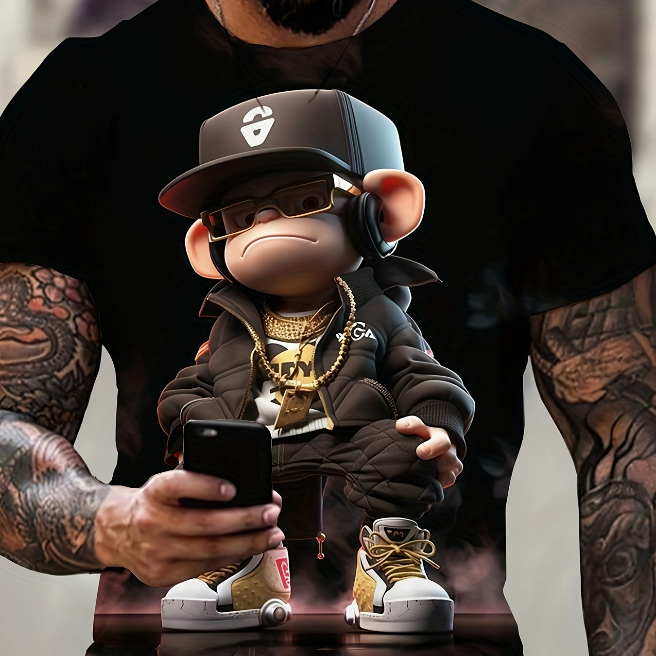 

3d Digital Hip Pop Style Monkey With Cap Pattern Crew Neck And Short Sleeve T-shirt, Stylish And Cool Tops For Men's Summer Street Wear