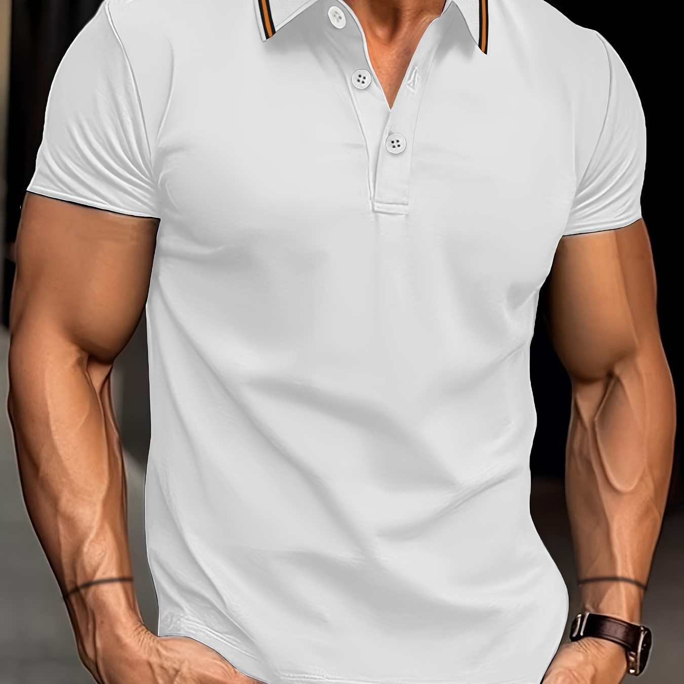

Men's Contrast Collar Trim Design Short Sleeve Lapel Golf Shirts, Casual Style Slight Stretch Regular Fit Summer Tops, Summer Golf Shirts