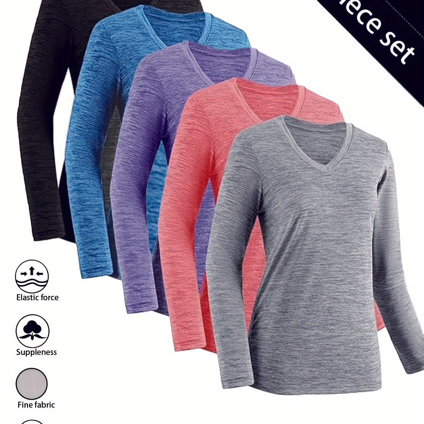 

Women's 5pcs Athletic Long Sleeve Tops Set - V-neck, Stretchy Polyester, Running & Fitness, Solid Color