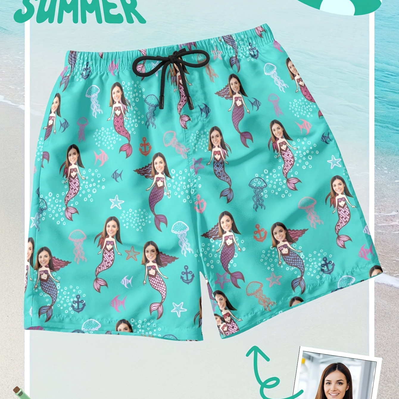 

Casual And Trendy Customized Shorts With Personalized Portrait Photo Print, Mermaid And Jellyfish Pattern Board Shorts For Summer Vacation Resorts, Shorts As Gifts