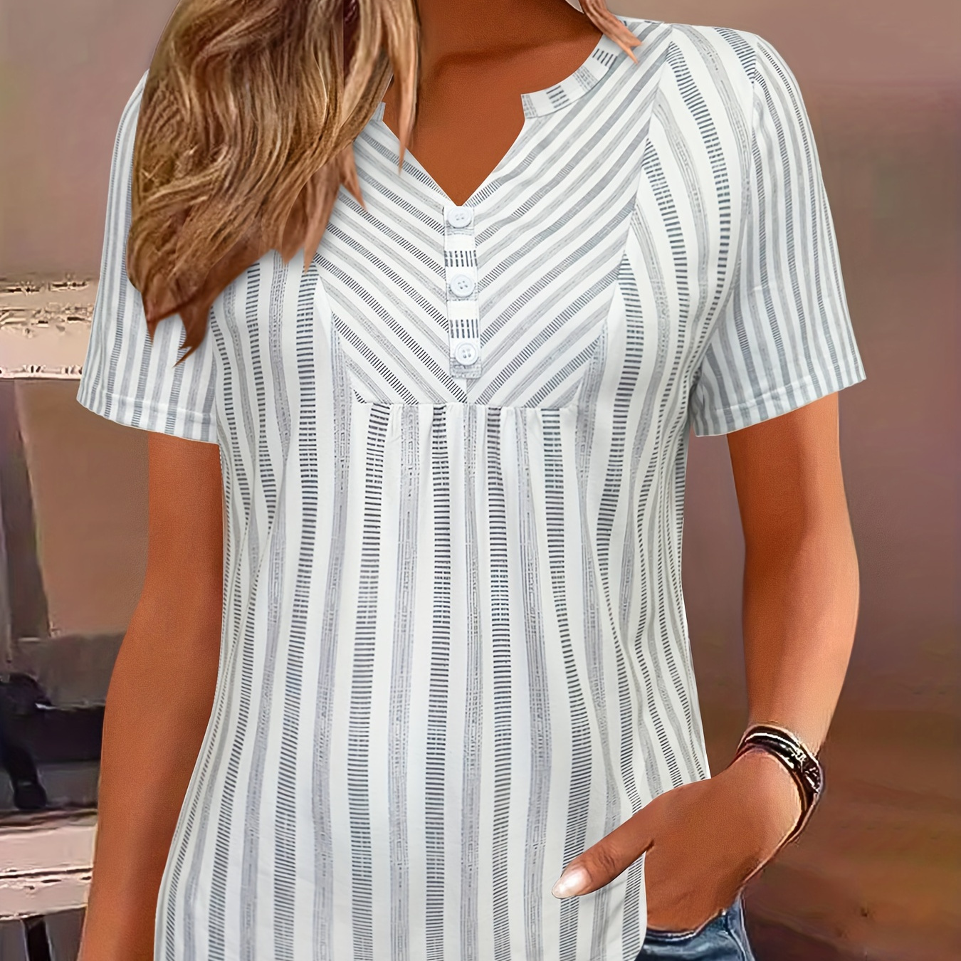 

1pc Women's Summer Striped V- T- , Polyester , Regular Fit H- Top